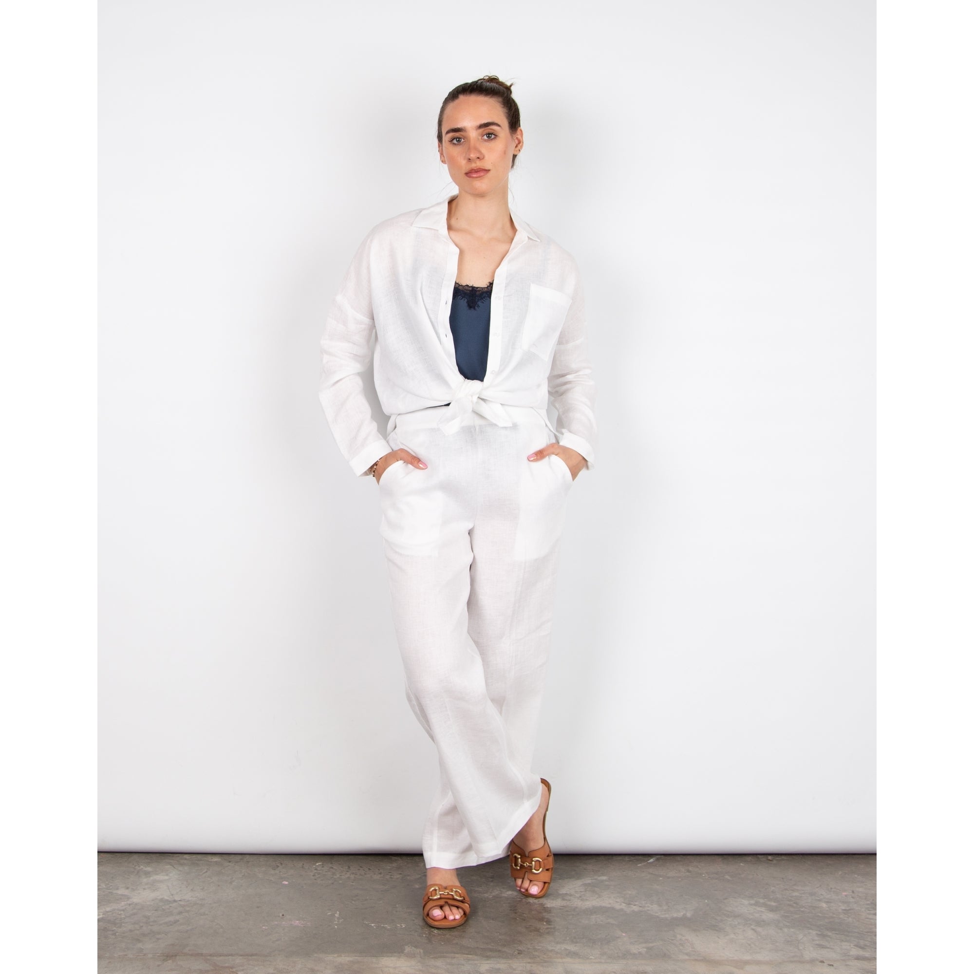 Pomodoro Pocket Front Dip Back Linen Shirt White