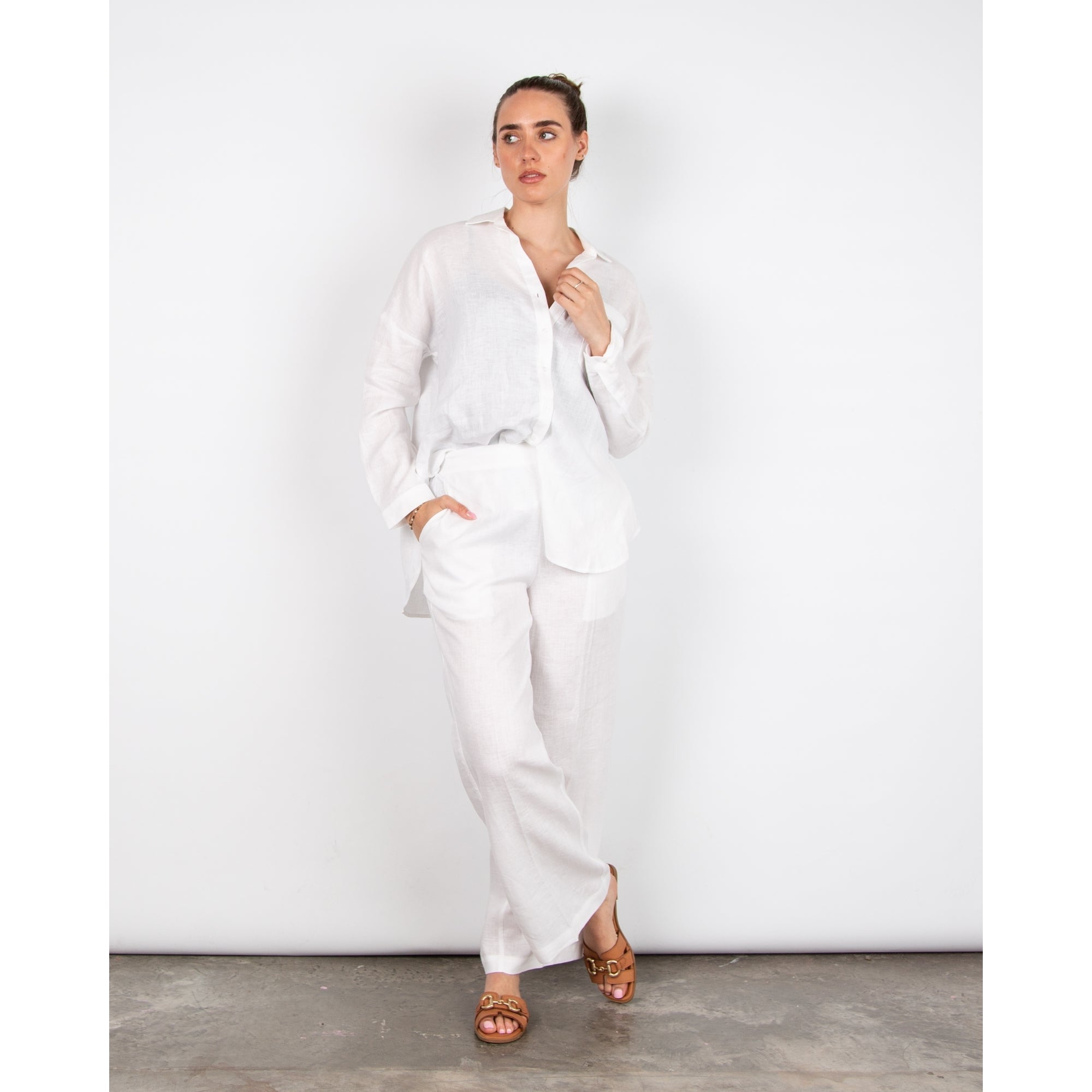 Pomodoro Pocket Front Dip Back Linen Shirt White