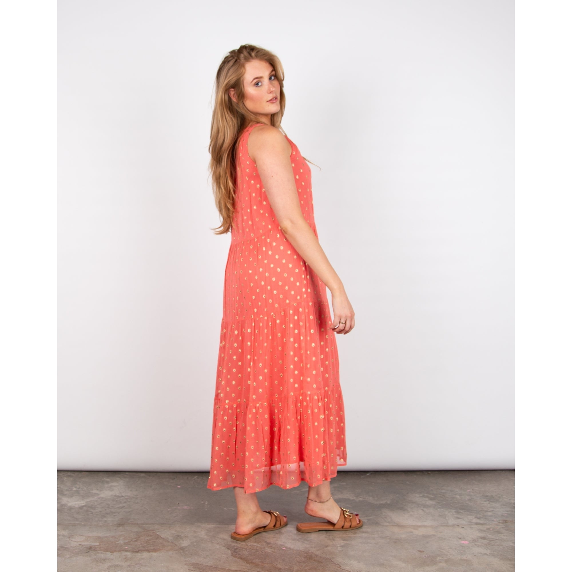 Pomodoro Halter Neck Long Tiered Dress With Lurex Dots Coral