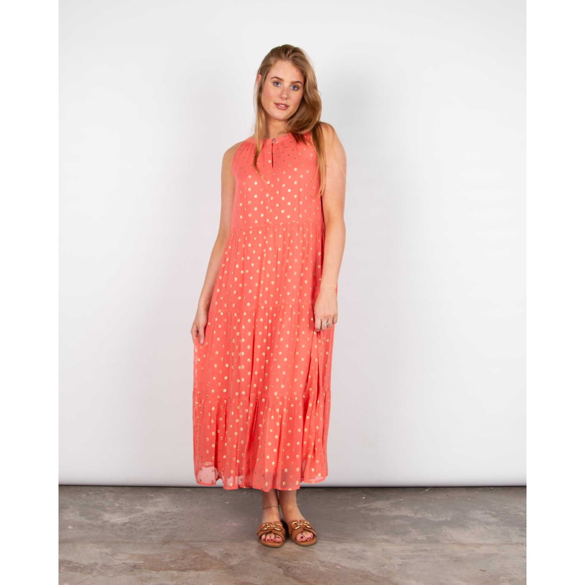 Pomodoro Halter Neck Long Tiered Dress With Lurex Dots Coral