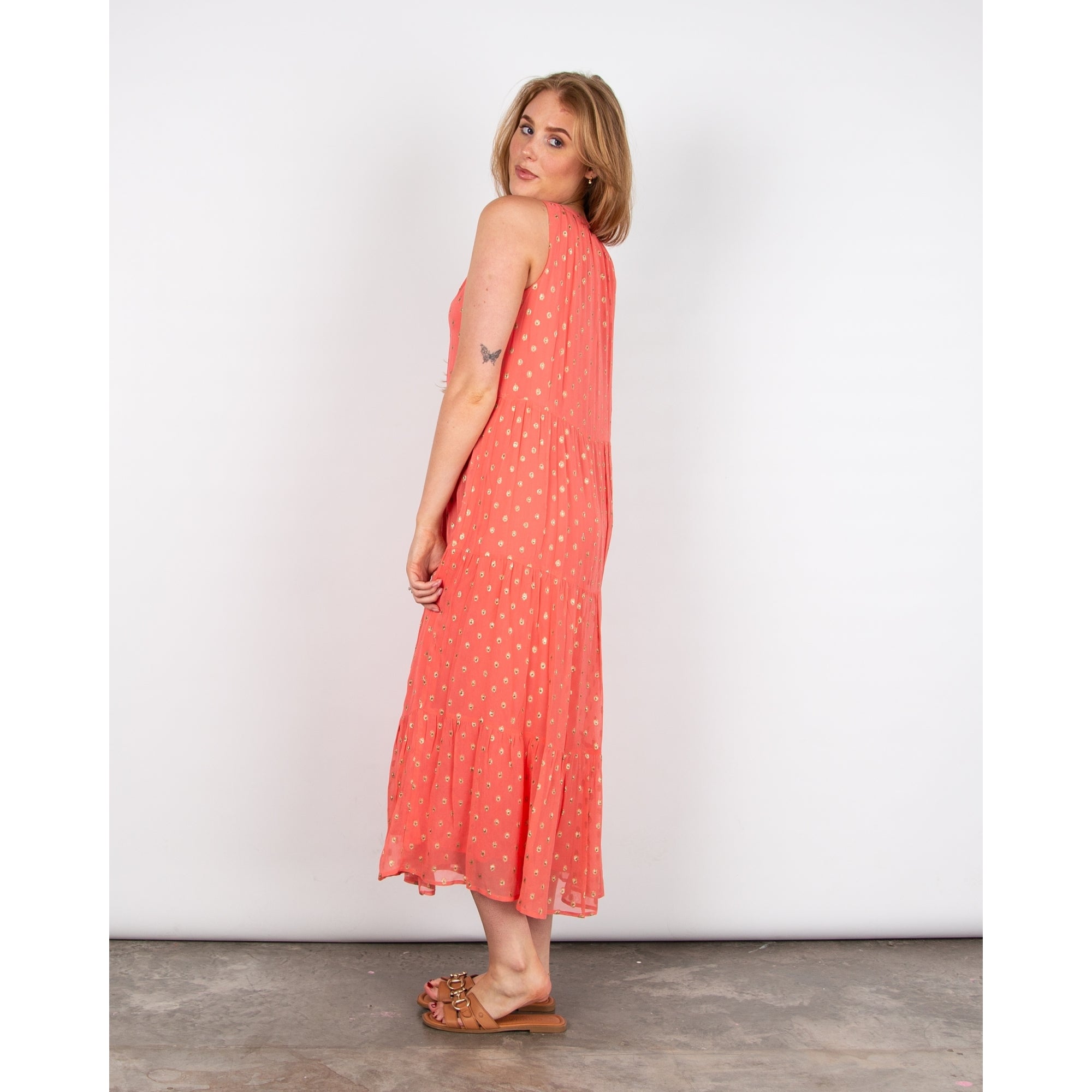 Pomodoro Halter Neck Long Tiered Dress With Lurex Dots Coral