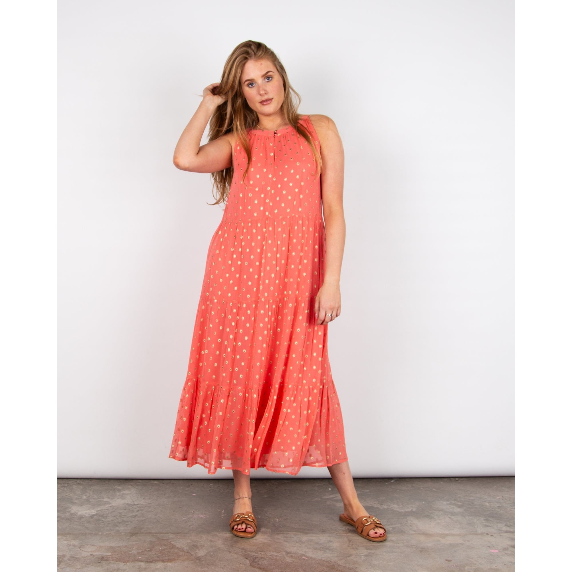 Pomodoro Halter Neck Long Tiered Dress With Lurex Dots Coral
