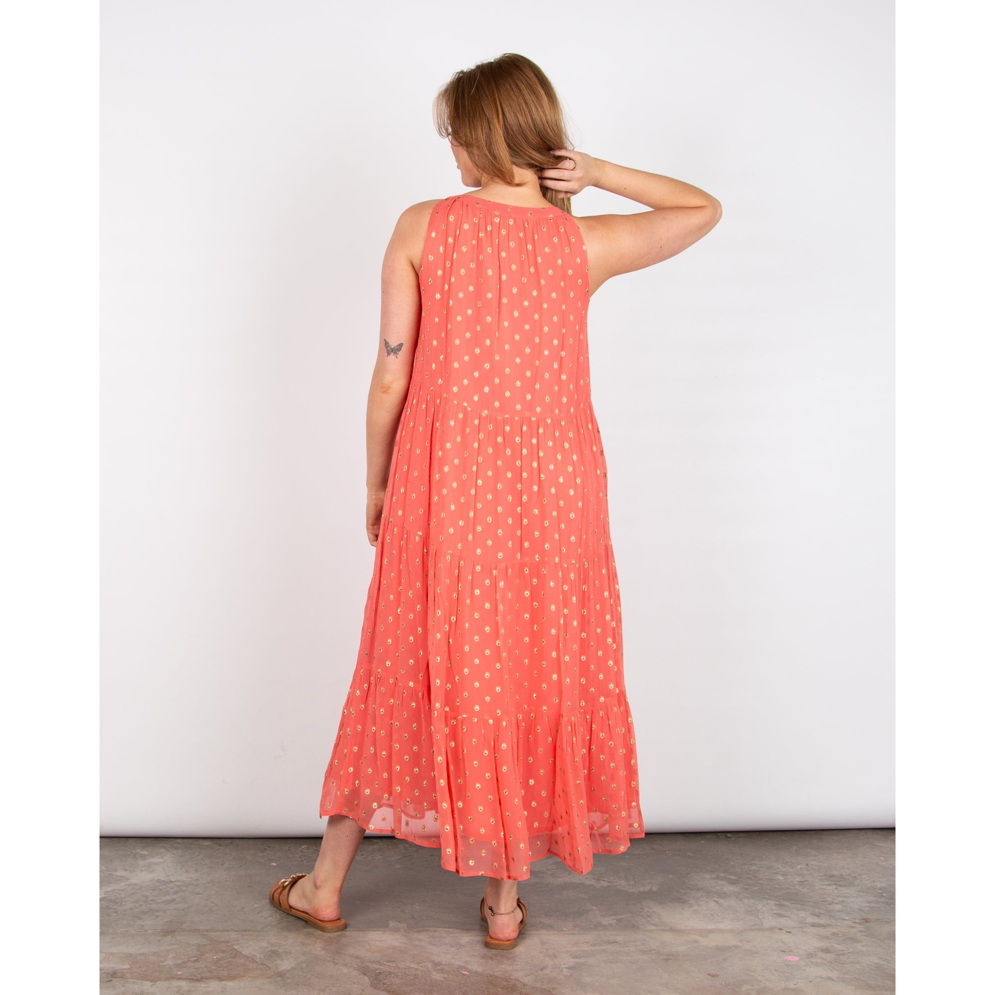 Pomodoro Halter Neck Long Tiered Dress With Lurex Dots Coral