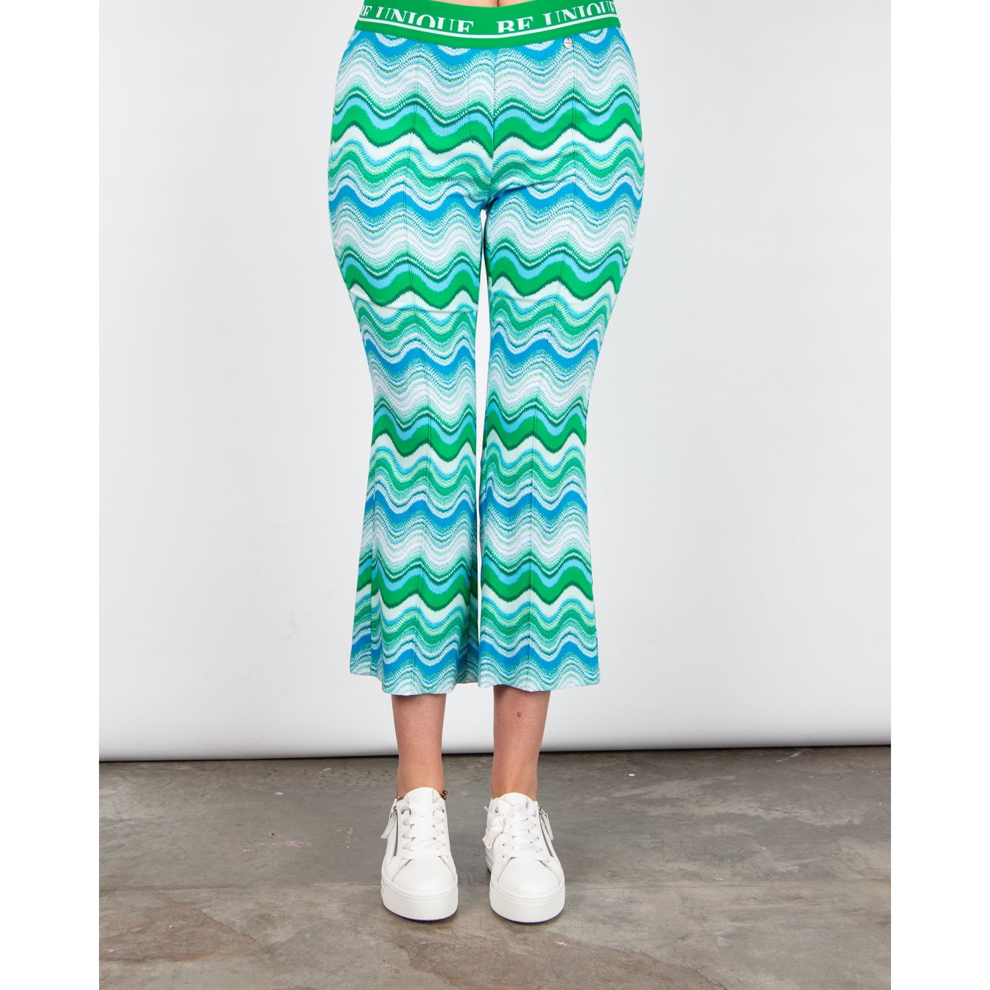 Robell Joella Wave Print Elastic Waist 7/8th Kick Flare Trouser Turquoise Blue 75
