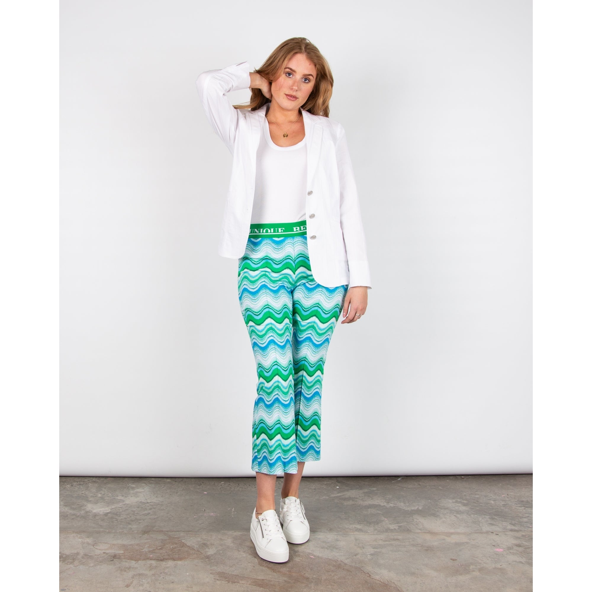 Robell Joella Wave Print Elastic Waist 7/8th Kick Flare Trouser Turquoise Blue 75