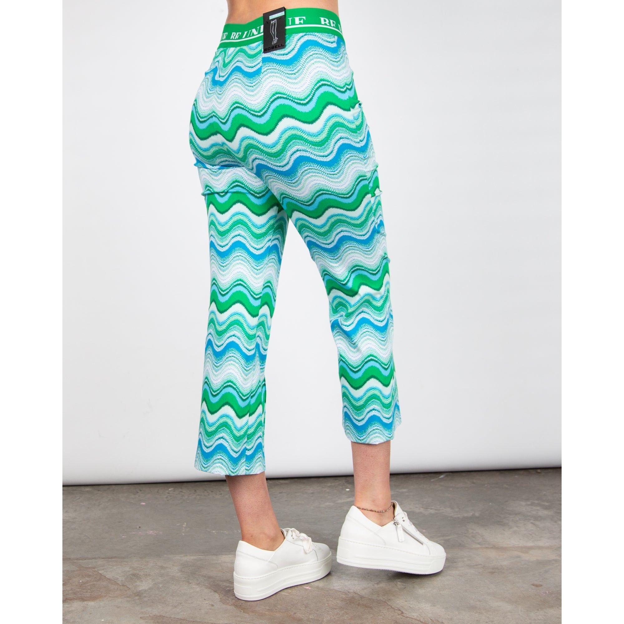 Robell Joella Wave Print Elastic Waist 7/8th Kick Flare Trouser Turquoise Blue 75