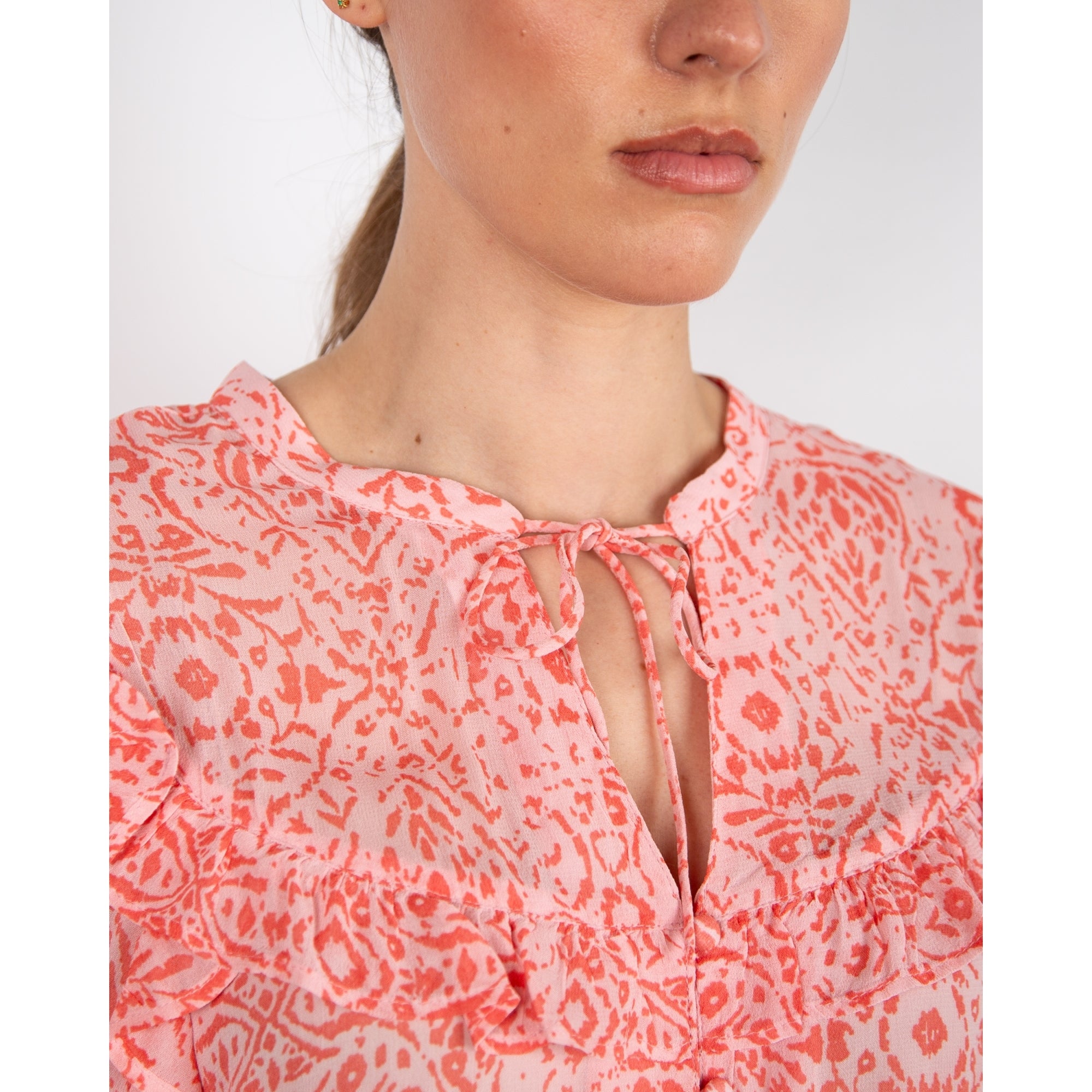 Atelier Reve Iremira Frill Detail Tie Neck Pretty Blouse Pink