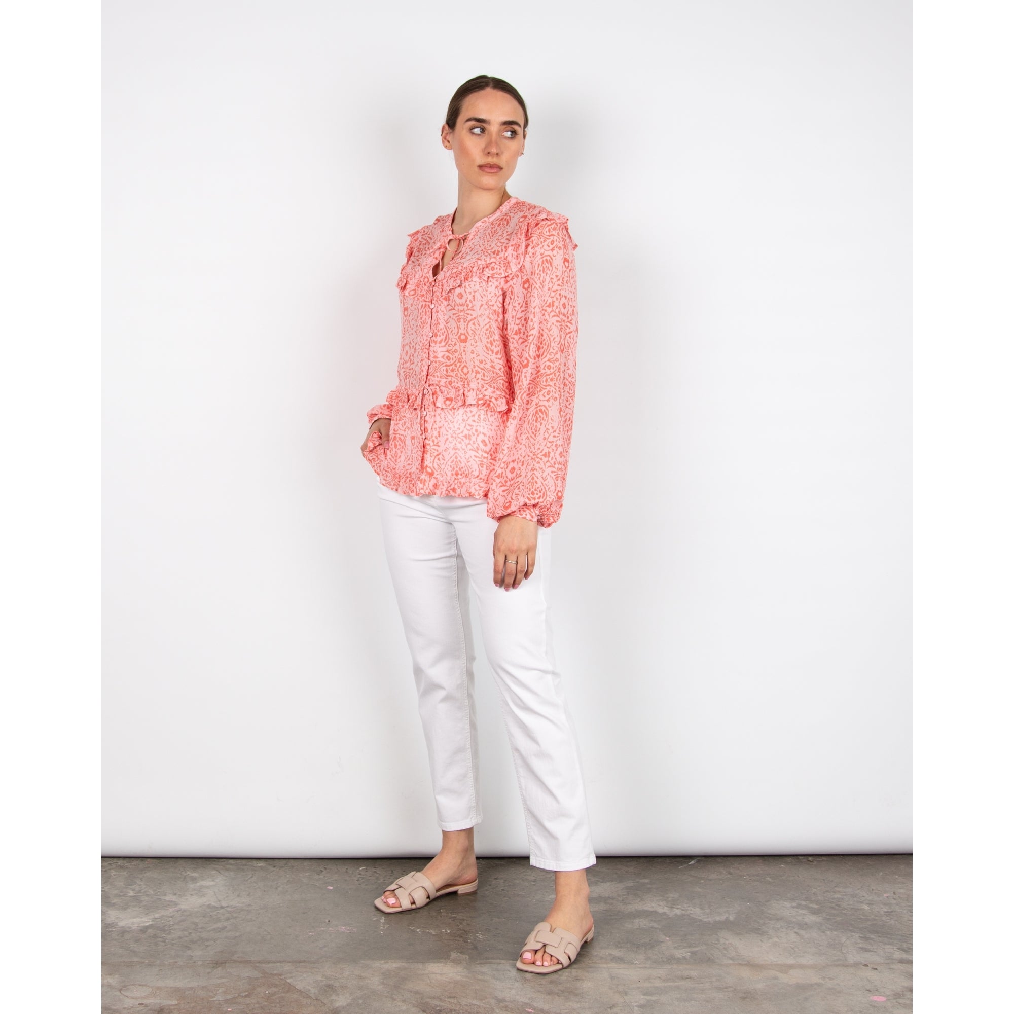Atelier Reve Iremira Frill Detail Tie Neck Pretty Blouse Pink
