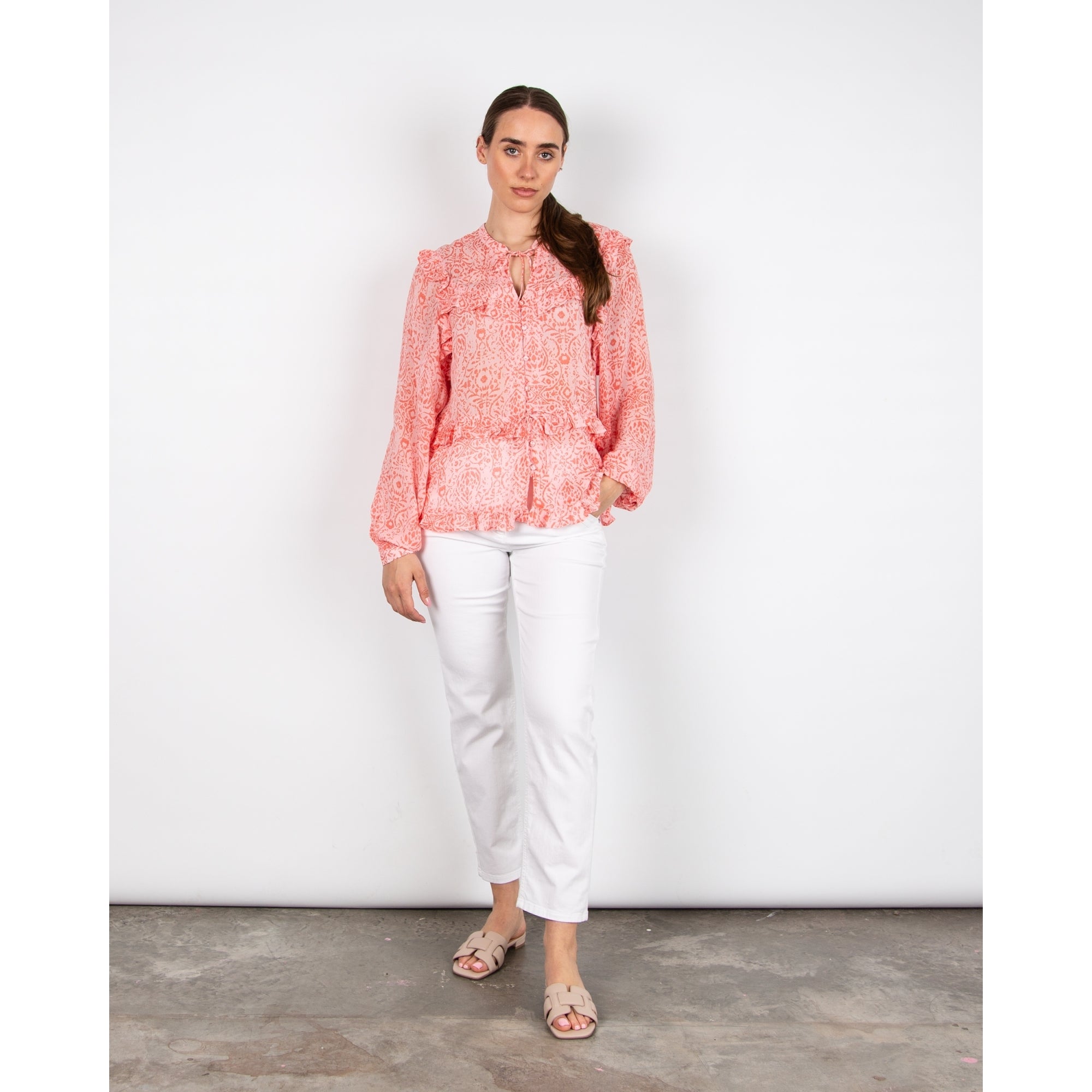 Atelier Reve Iremira Frill Detail Tie Neck Pretty Blouse Pink
