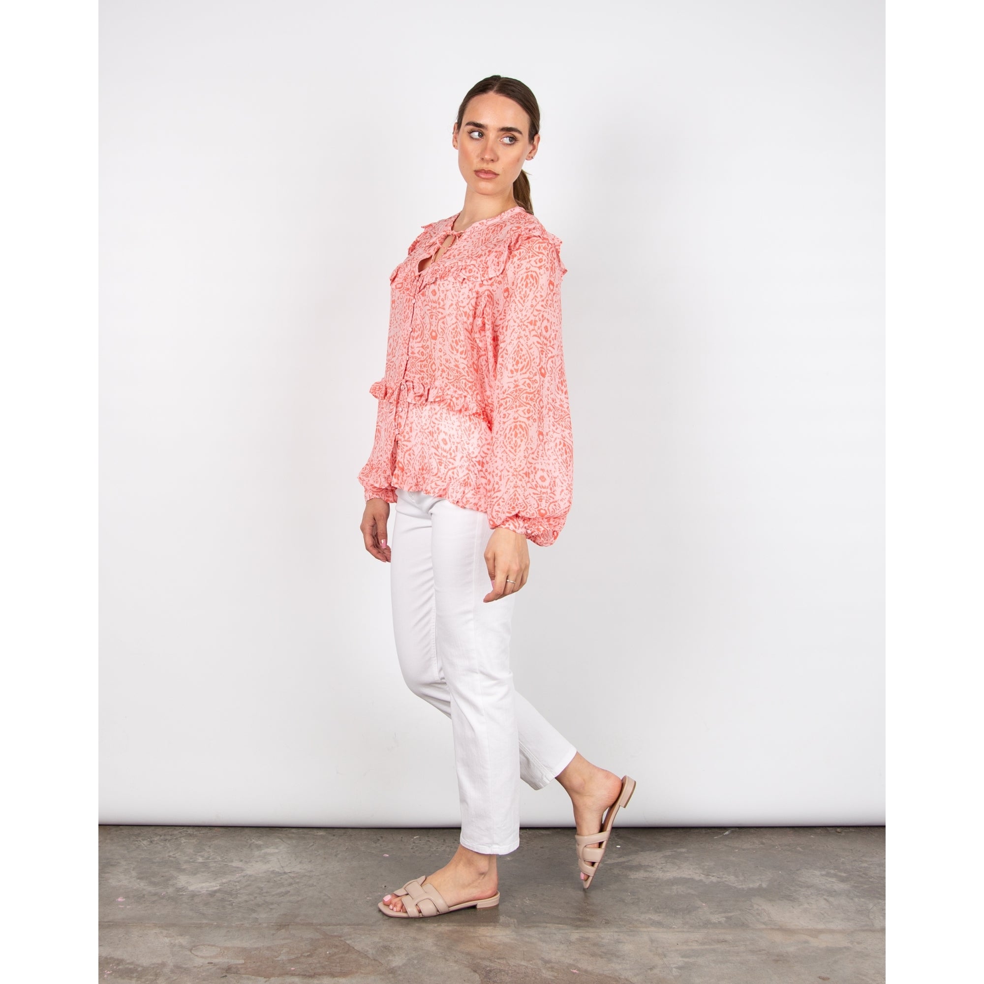 Atelier Reve Iremira Frill Detail Tie Neck Pretty Blouse Pink