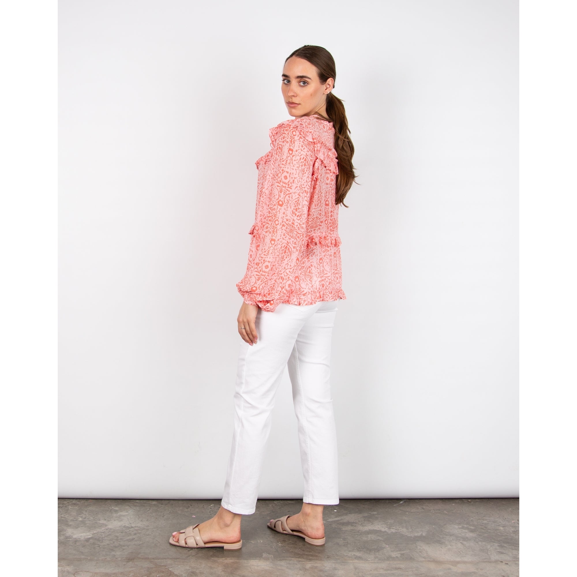 Atelier Reve Iremira Frill Detail Tie Neck Pretty Blouse Pink