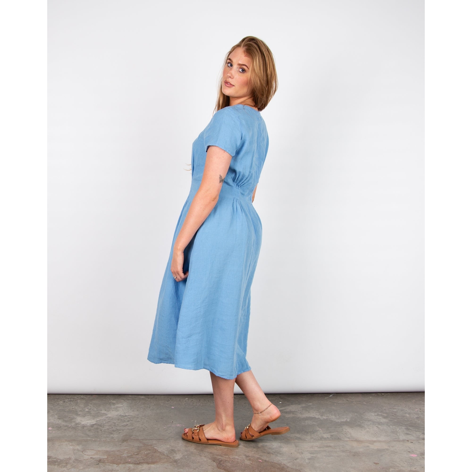 Sahara V Neck Linen Dress With Pintuck Waist Detail Cornflower Blue
