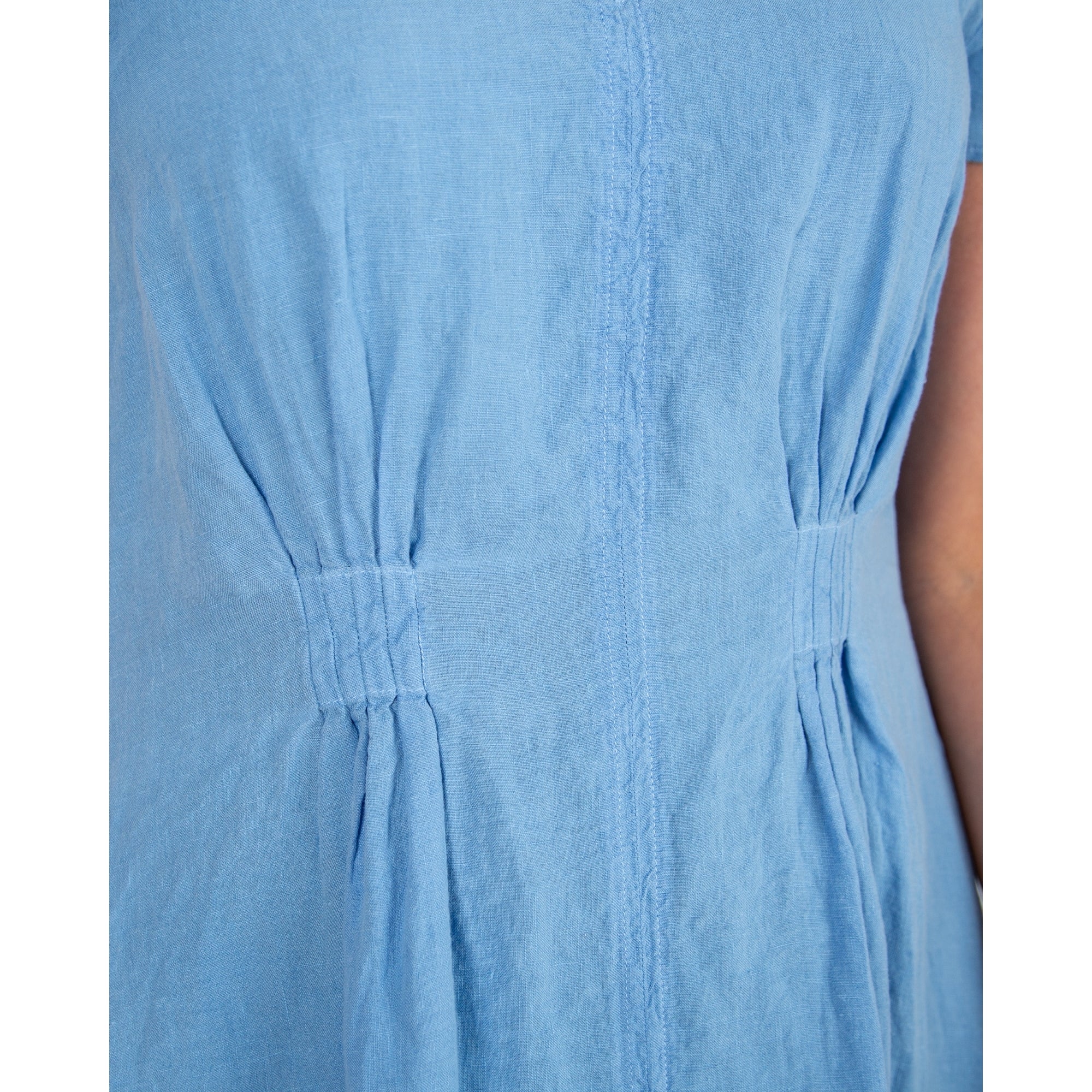 Sahara V Neck Linen Dress With Pintuck Waist Detail Cornflower Blue