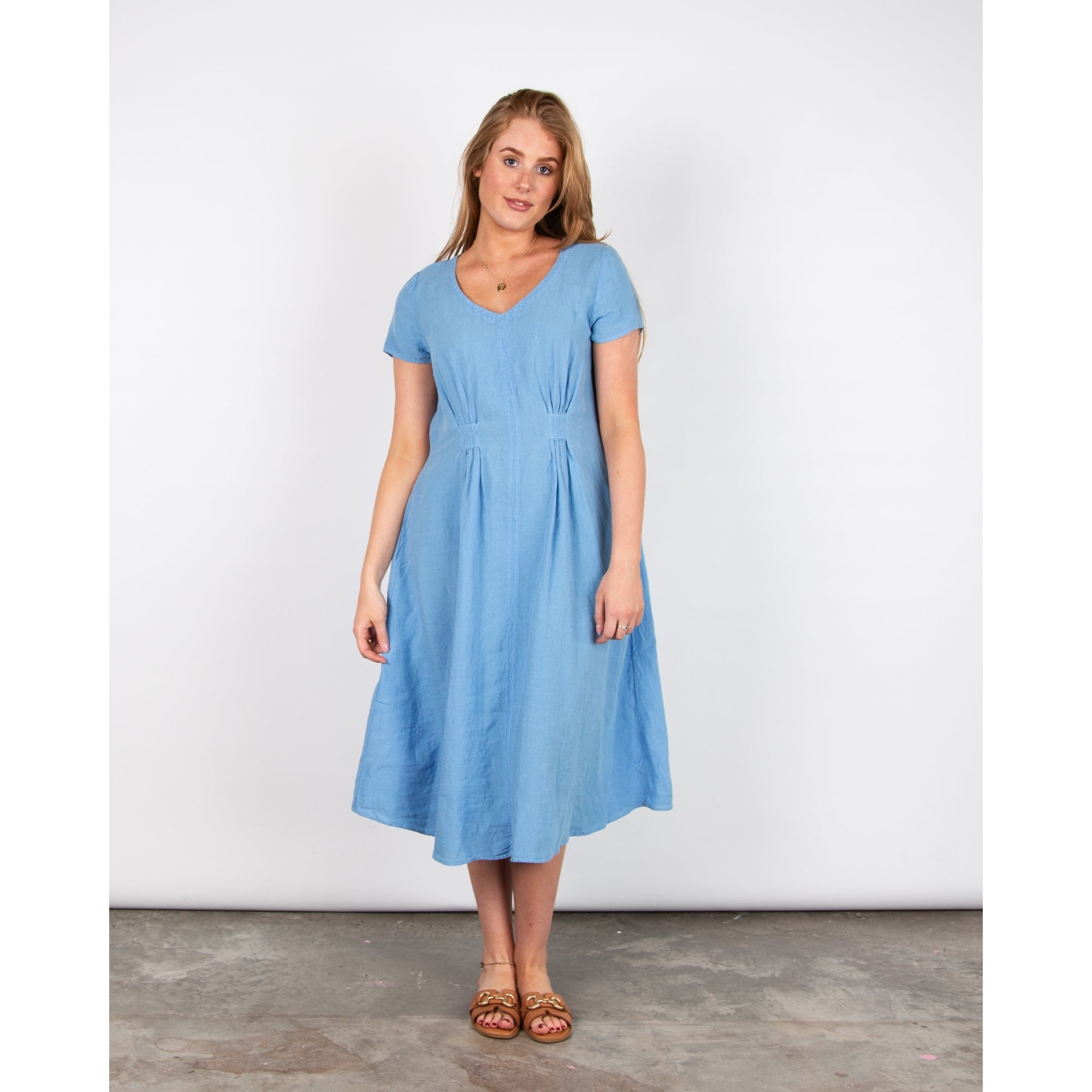 Sahara V Neck Linen Dress With Pintuck Waist Detail Cornflower Blue