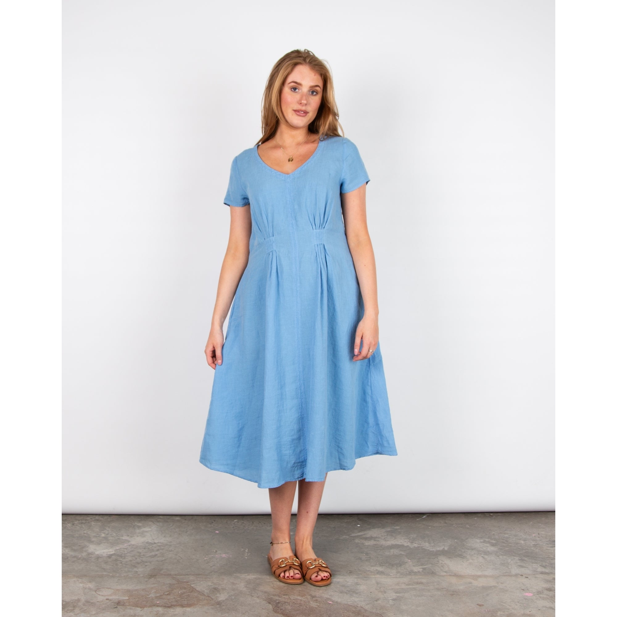Sahara V Neck Linen Dress With Pintuck Waist Detail Cornflower Blue