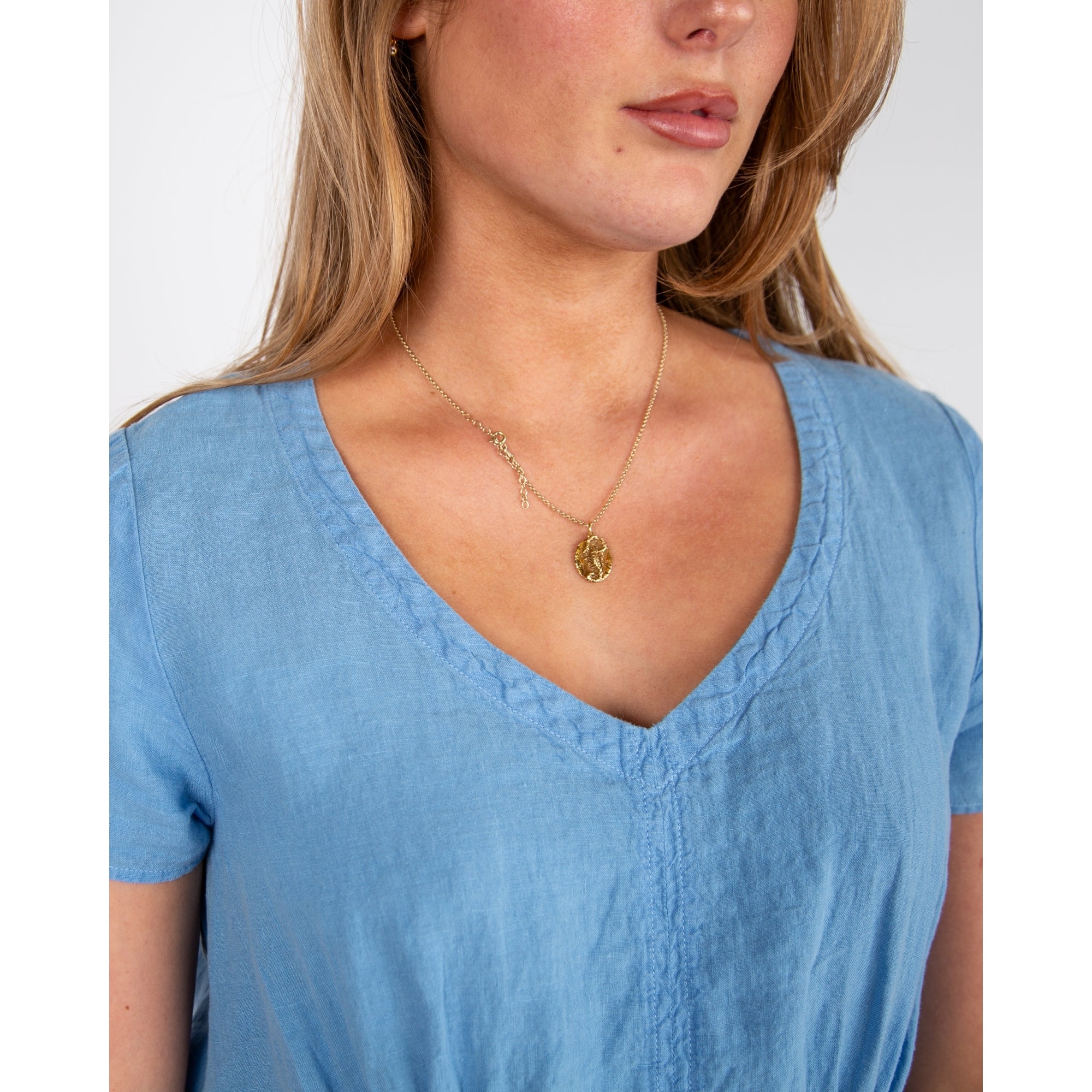 Sahara V Neck Linen Dress With Pintuck Waist Detail Cornflower Blue