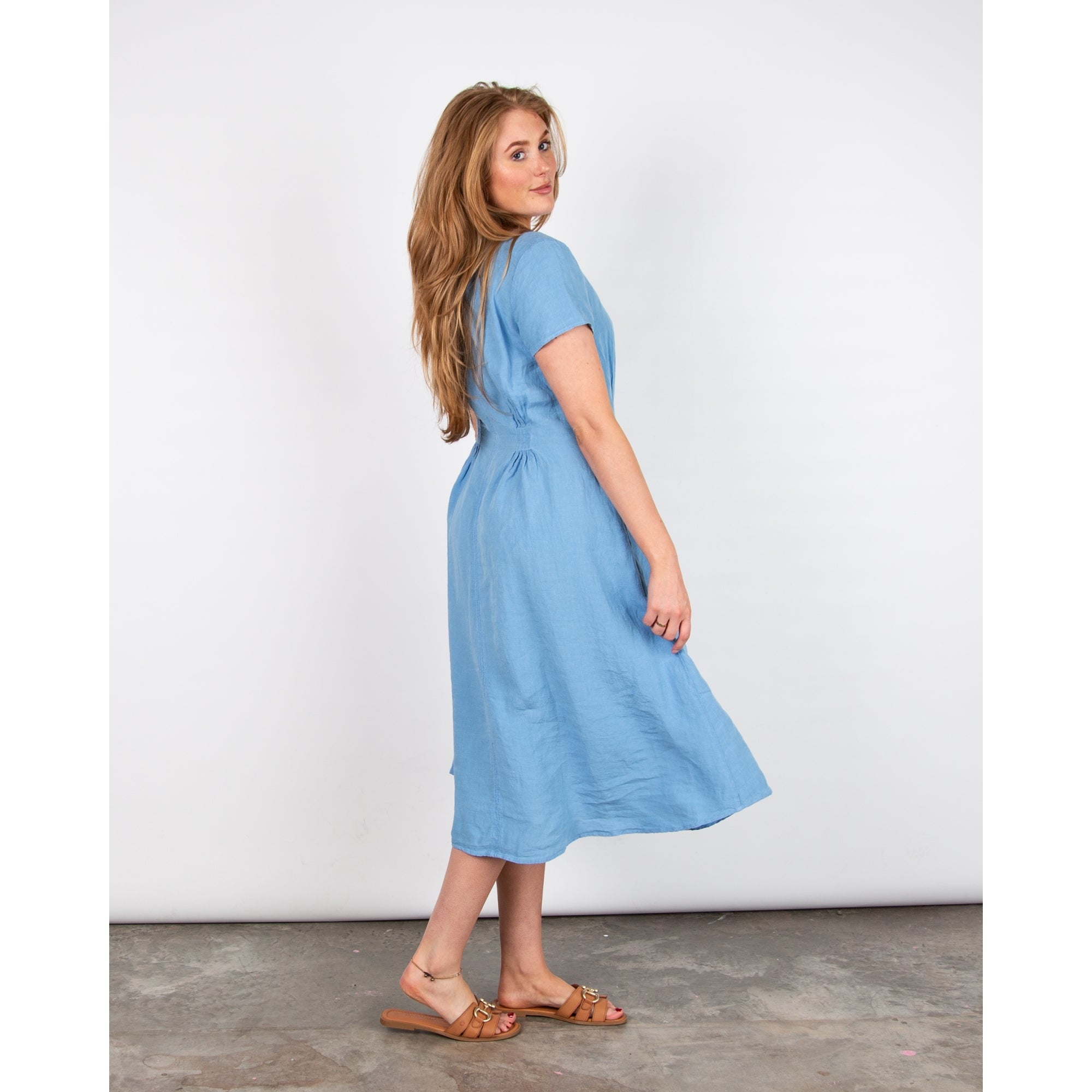Sahara V Neck Linen Dress With Pintuck Waist Detail Cornflower Blue