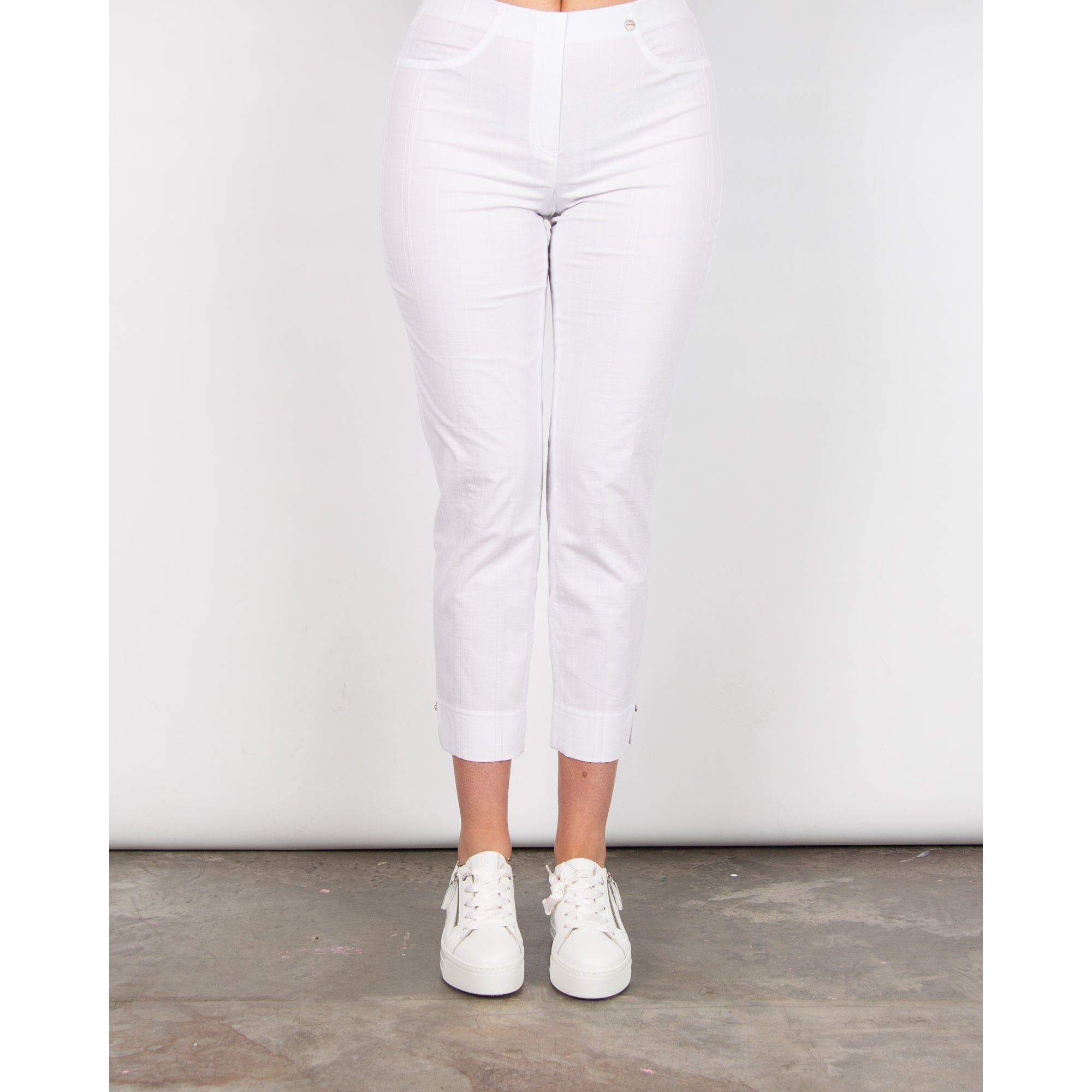 Robell Bella 09 Seersucker Cotton Pull On Cropped Slim Trouser White 10