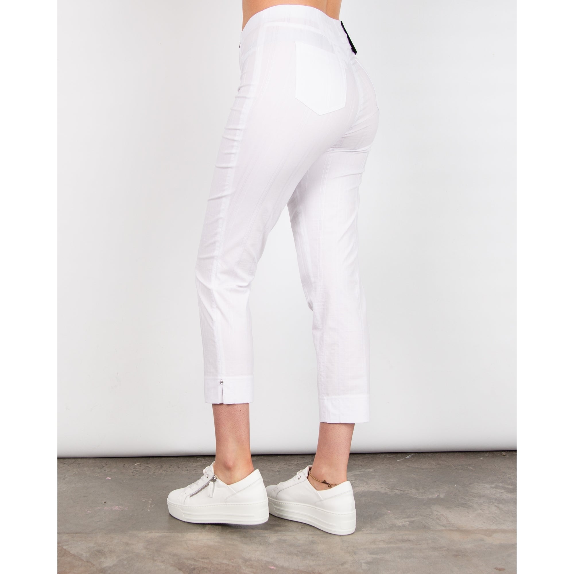 Robell Bella 09 Seersucker Cotton Pull On Cropped Slim Trouser White 10