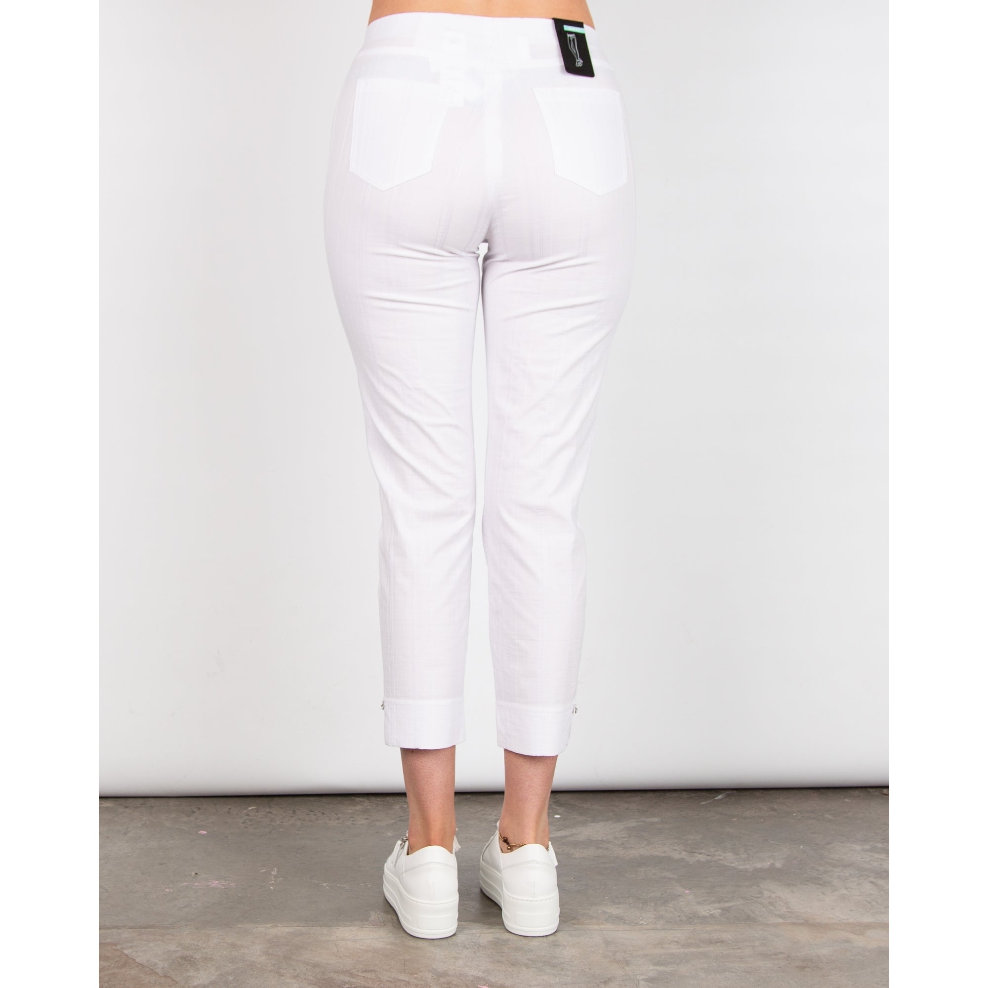 Robell Bella 09 Seersucker Cotton Pull On Cropped Slim Trouser White 10