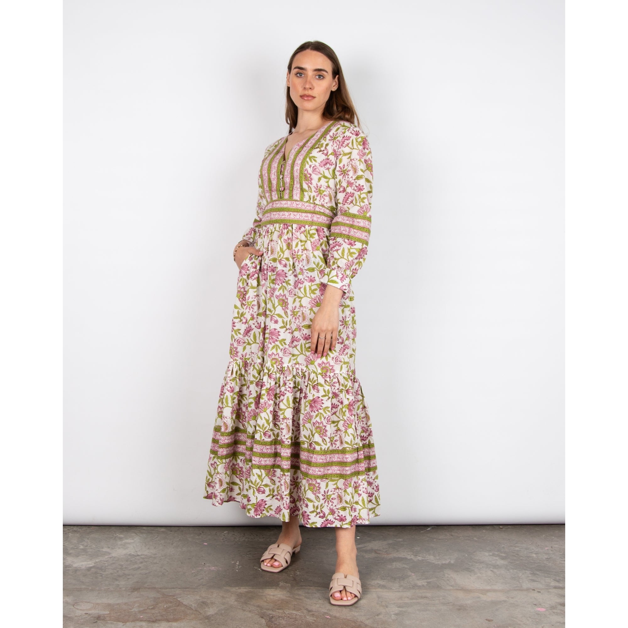 Pink Lemons Lucy Lotus V Neck Lotus Print Belted Cotton Dress Purple/green