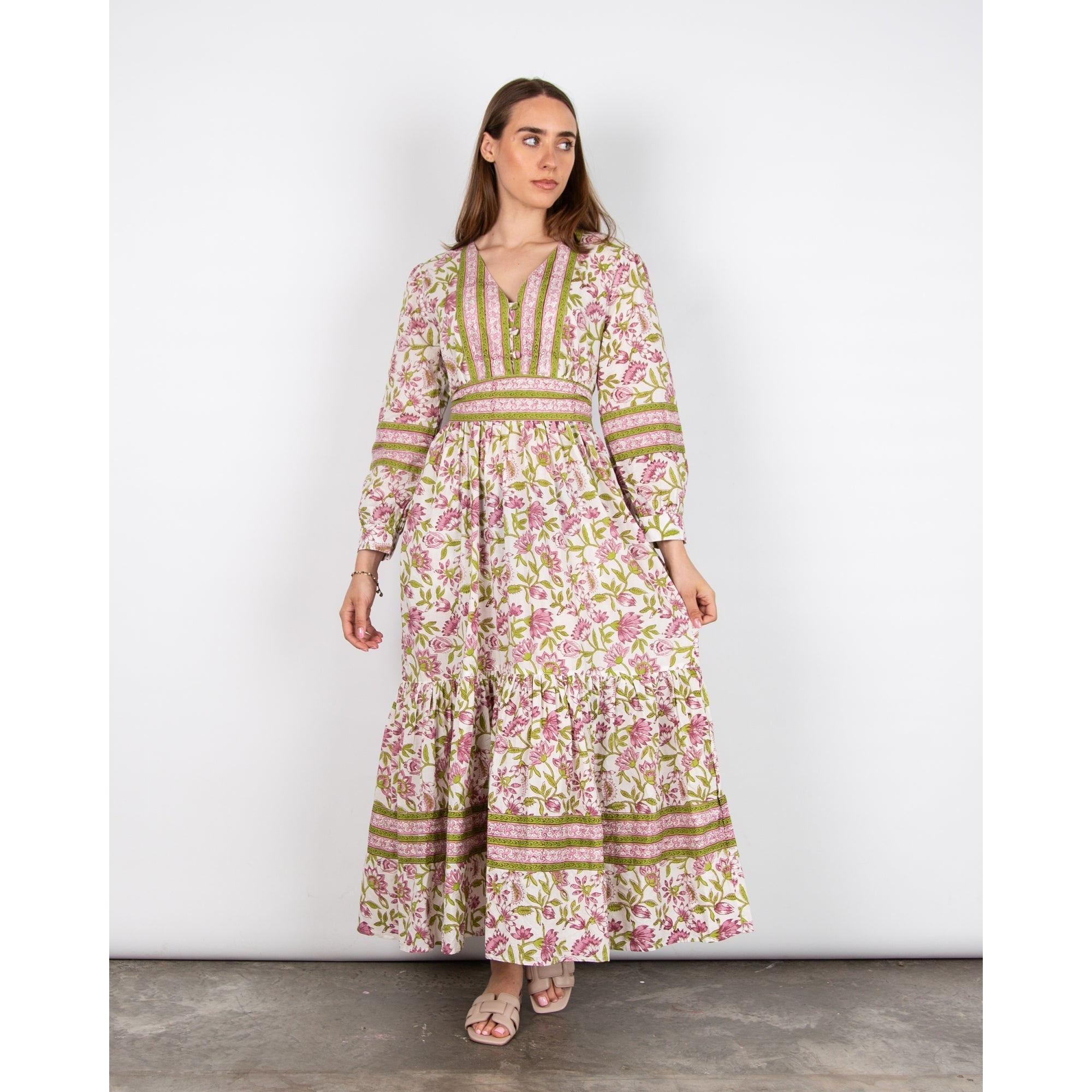 Pink Lemons Lucy Lotus V Neck Lotus Print Belted Cotton Dress Purple/green