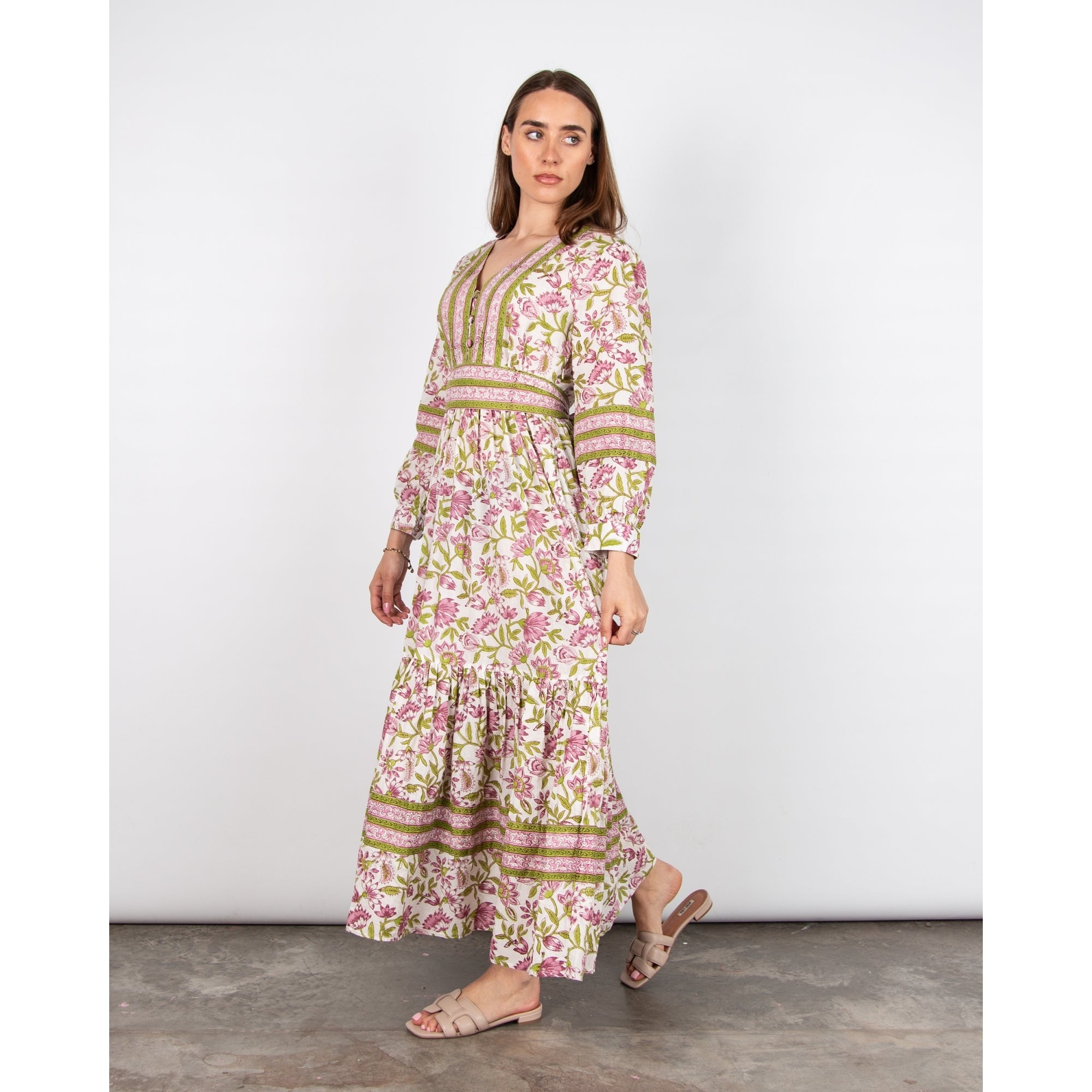 Pink Lemons Lucy Lotus V Neck Lotus Print Belted Cotton Dress Purple/green