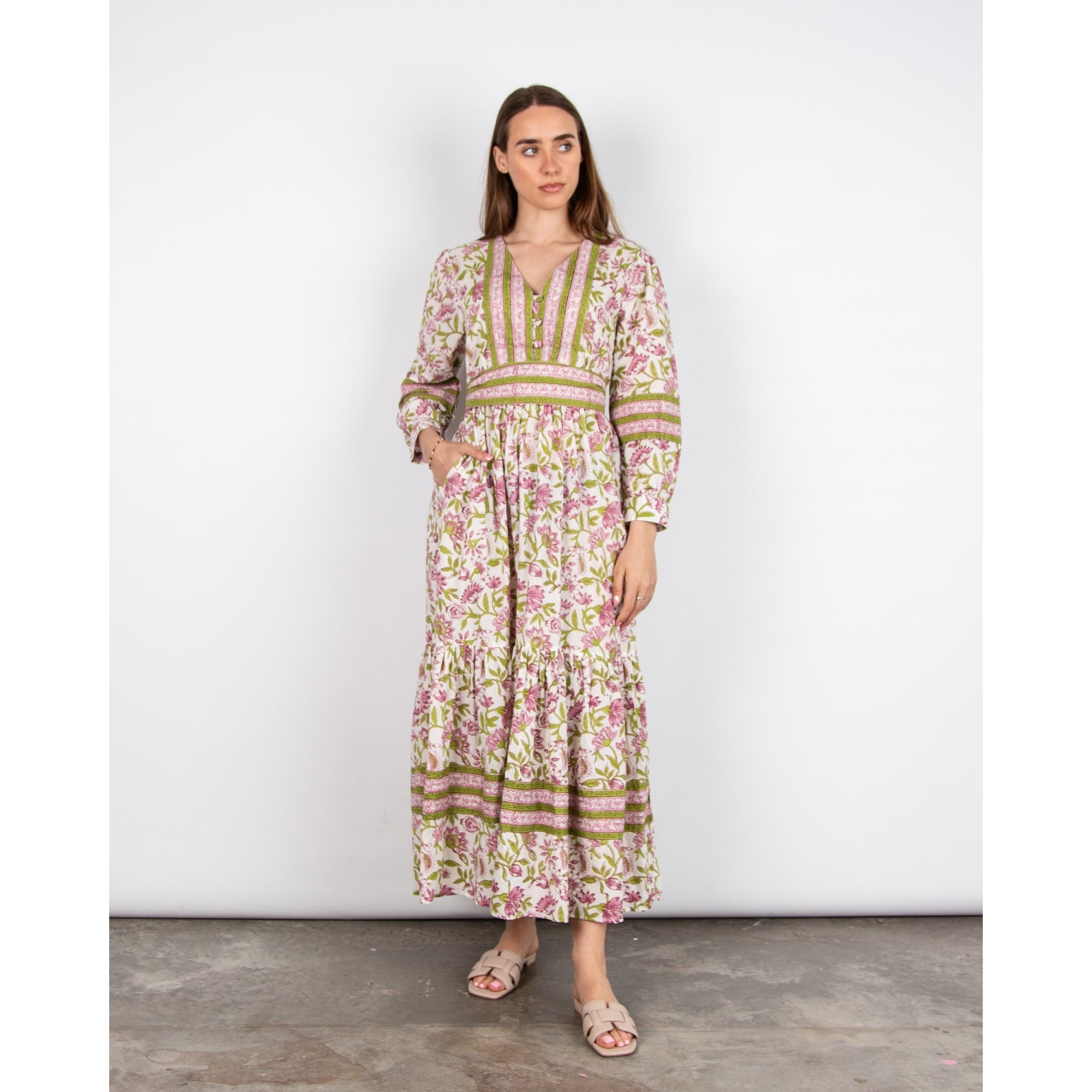 Pink Lemons Lucy Lotus V Neck Lotus Print Belted Cotton Dress Purple/green