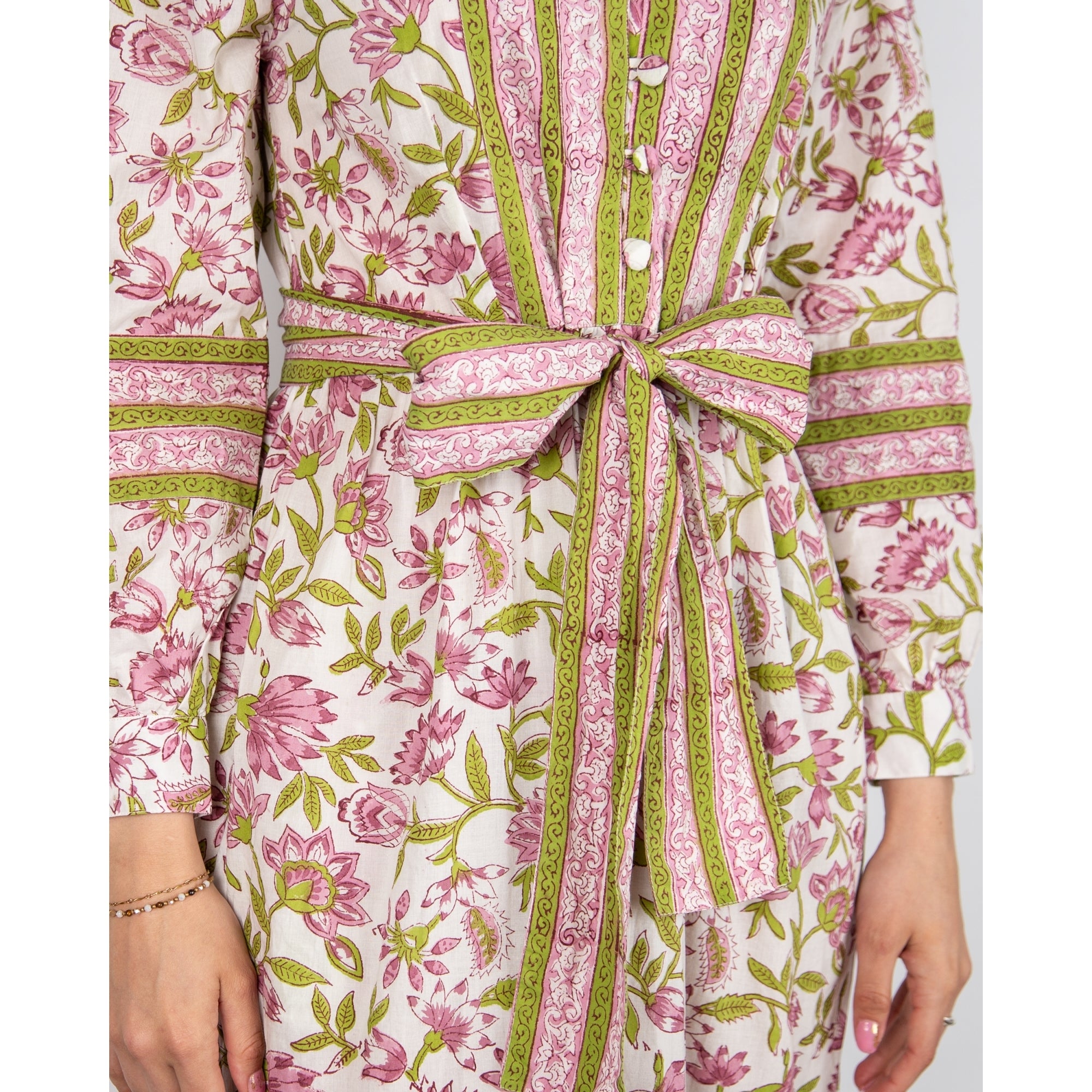 Pink Lemons Lucy Lotus V Neck Lotus Print Belted Cotton Dress Purple/green