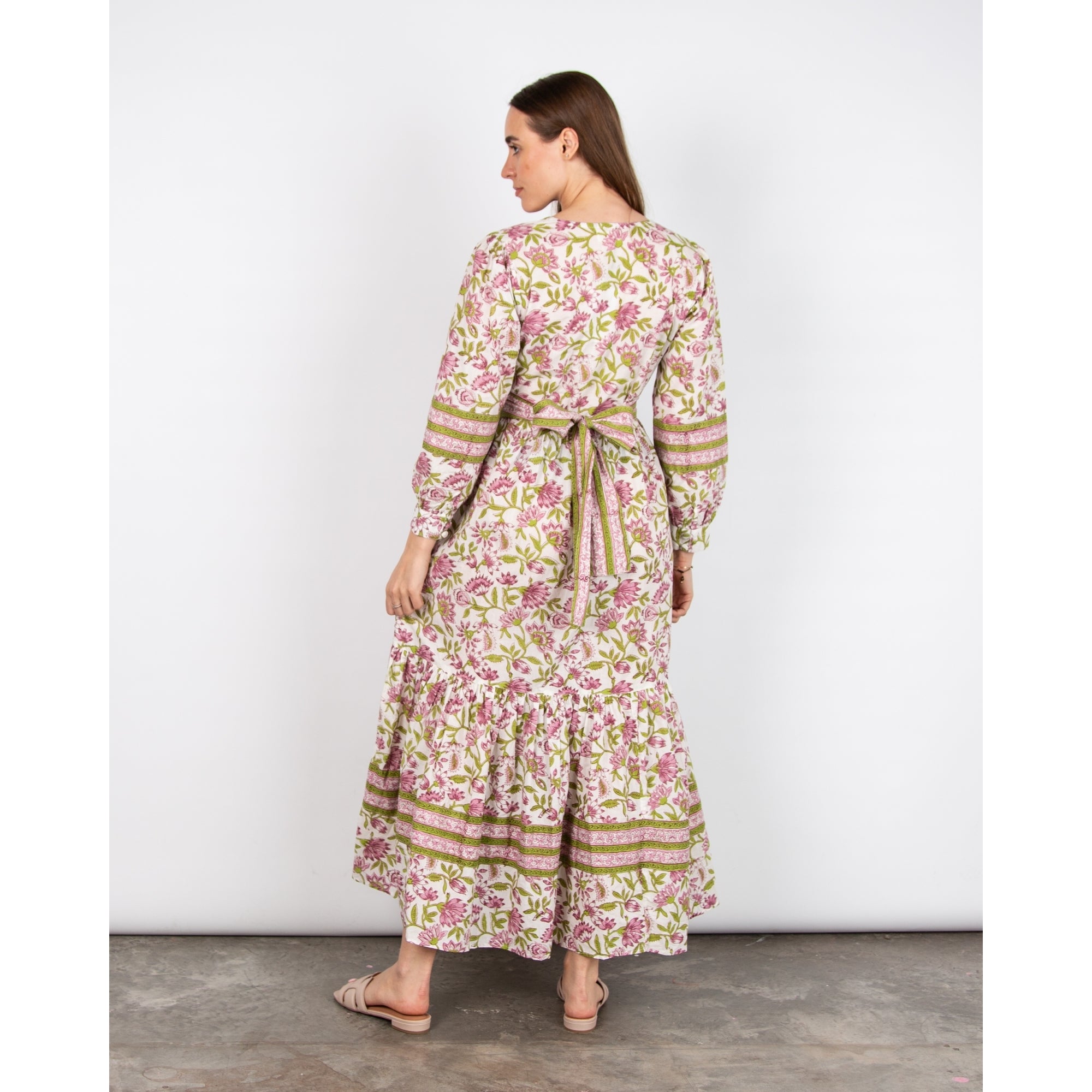 Pink Lemons Lucy Lotus V Neck Lotus Print Belted Cotton Dress Purple/green