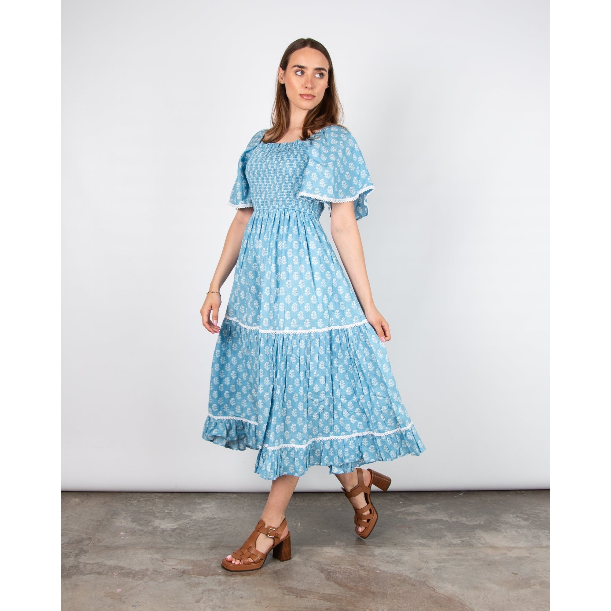 Pink Lemons Mona Lisa Square Neck Smock Chest Bell Sleeve Tiered Dress Blue/white