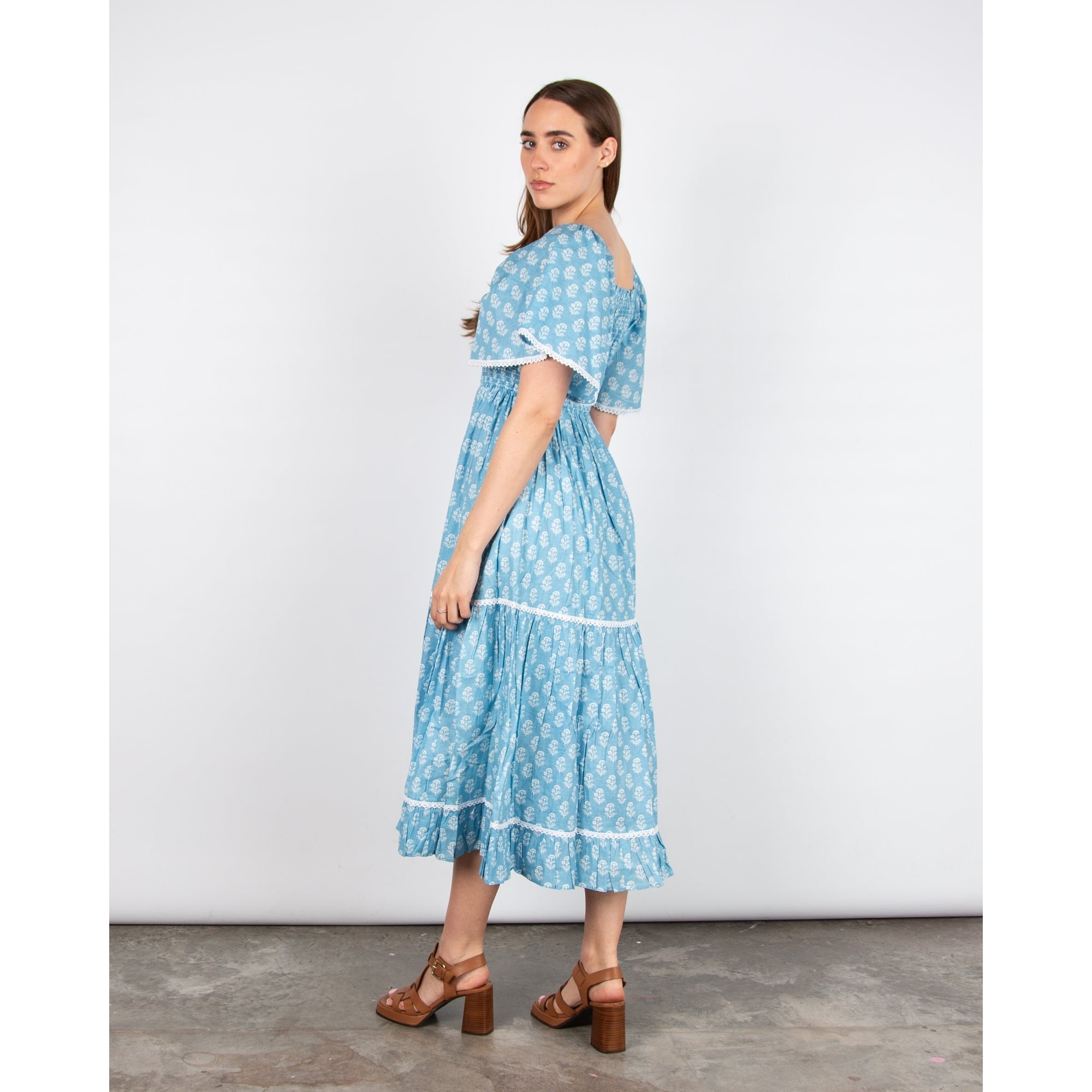 Pink Lemons Mona Lisa Square Neck Smock Chest Bell Sleeve Tiered Dress Blue/white