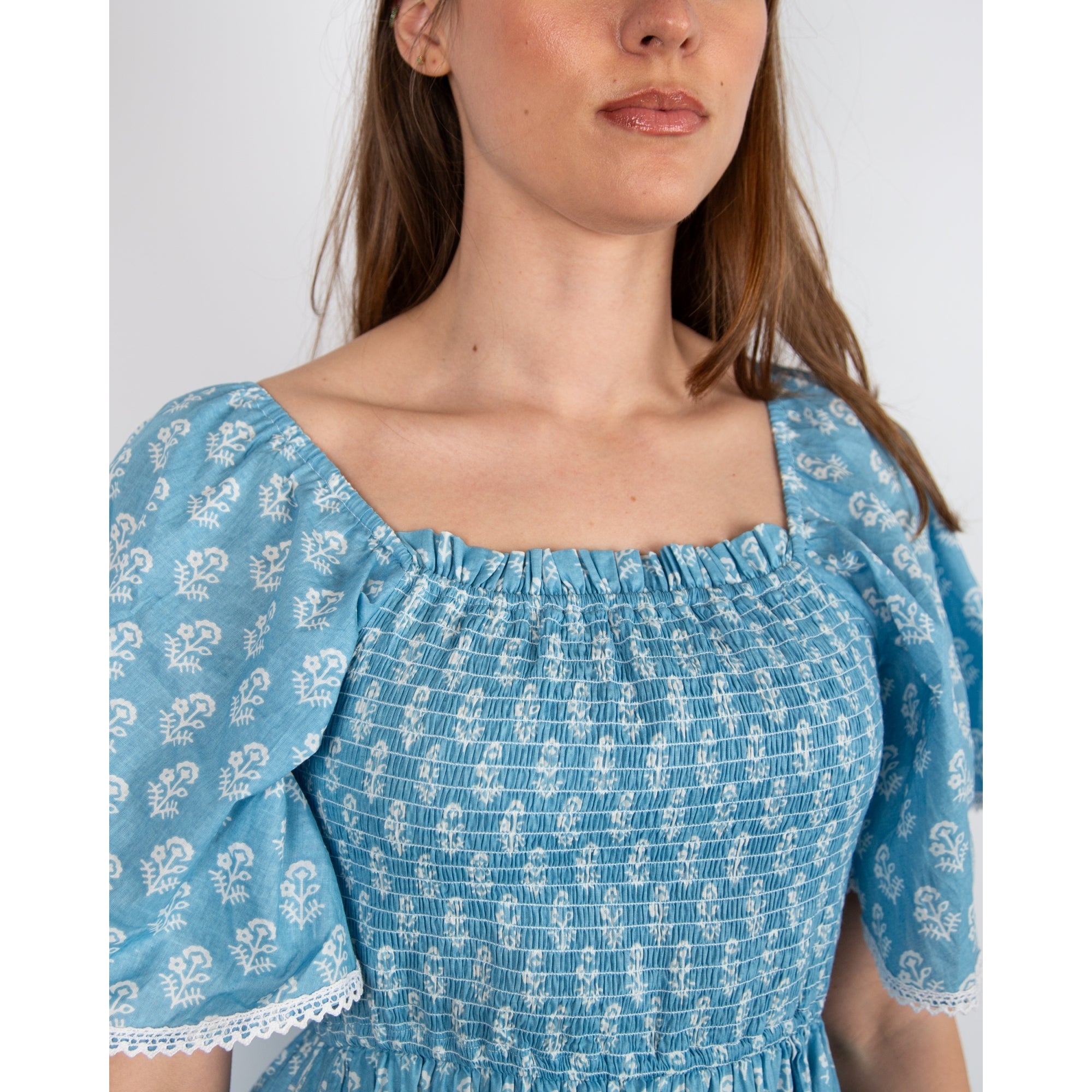 Pink Lemons Mona Lisa Square Neck Smock Chest Bell Sleeve Tiered Dress Blue/white