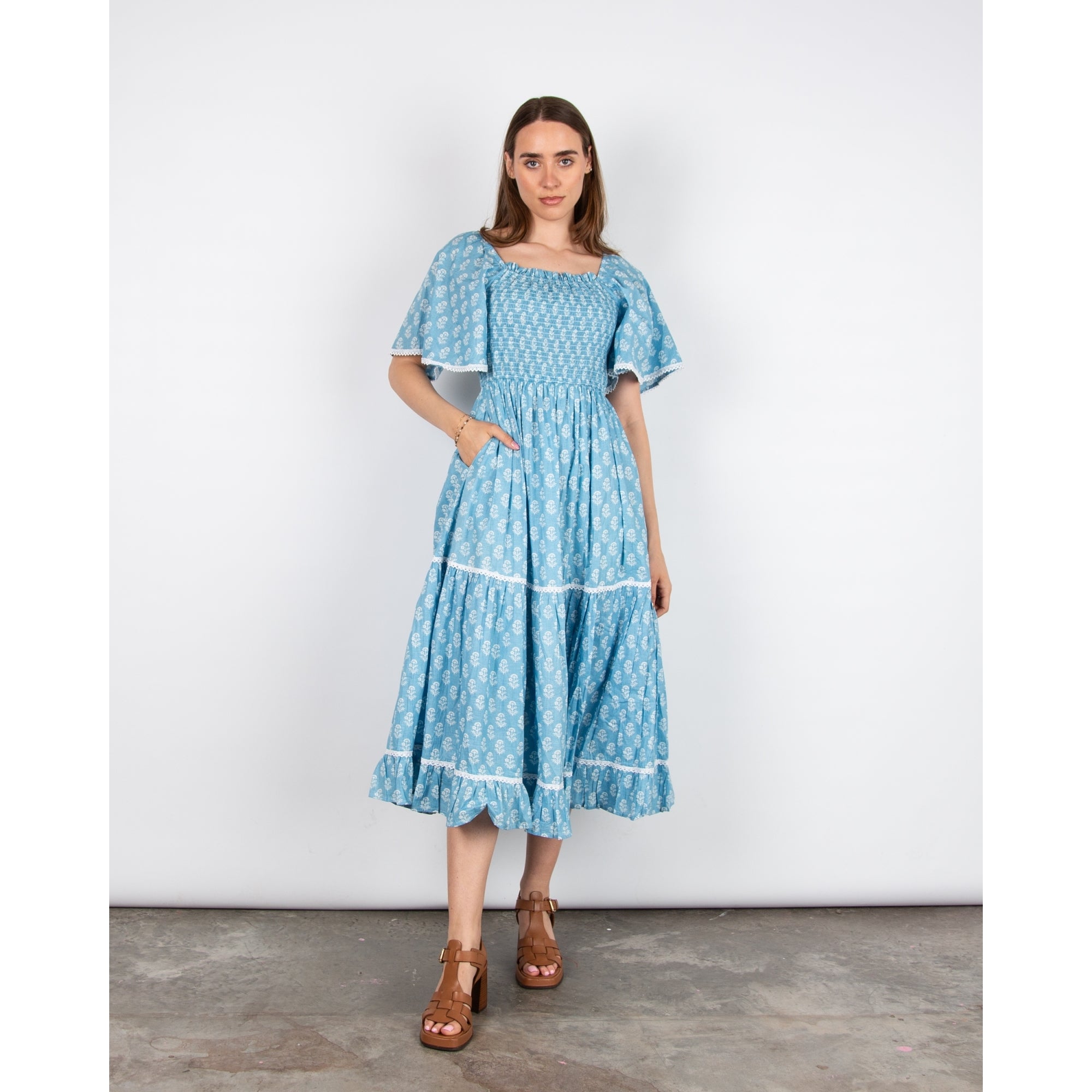 Pink Lemons Mona Lisa Square Neck Smock Chest Bell Sleeve Tiered Dress Blue/white