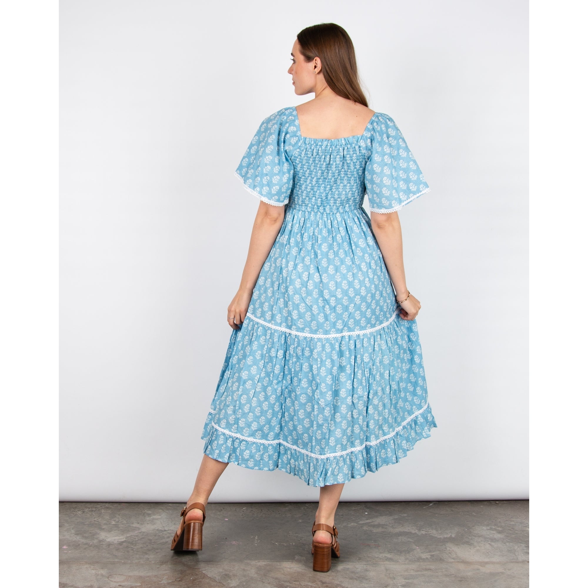 Pink Lemons Mona Lisa Square Neck Smock Chest Bell Sleeve Tiered Dress Blue/white