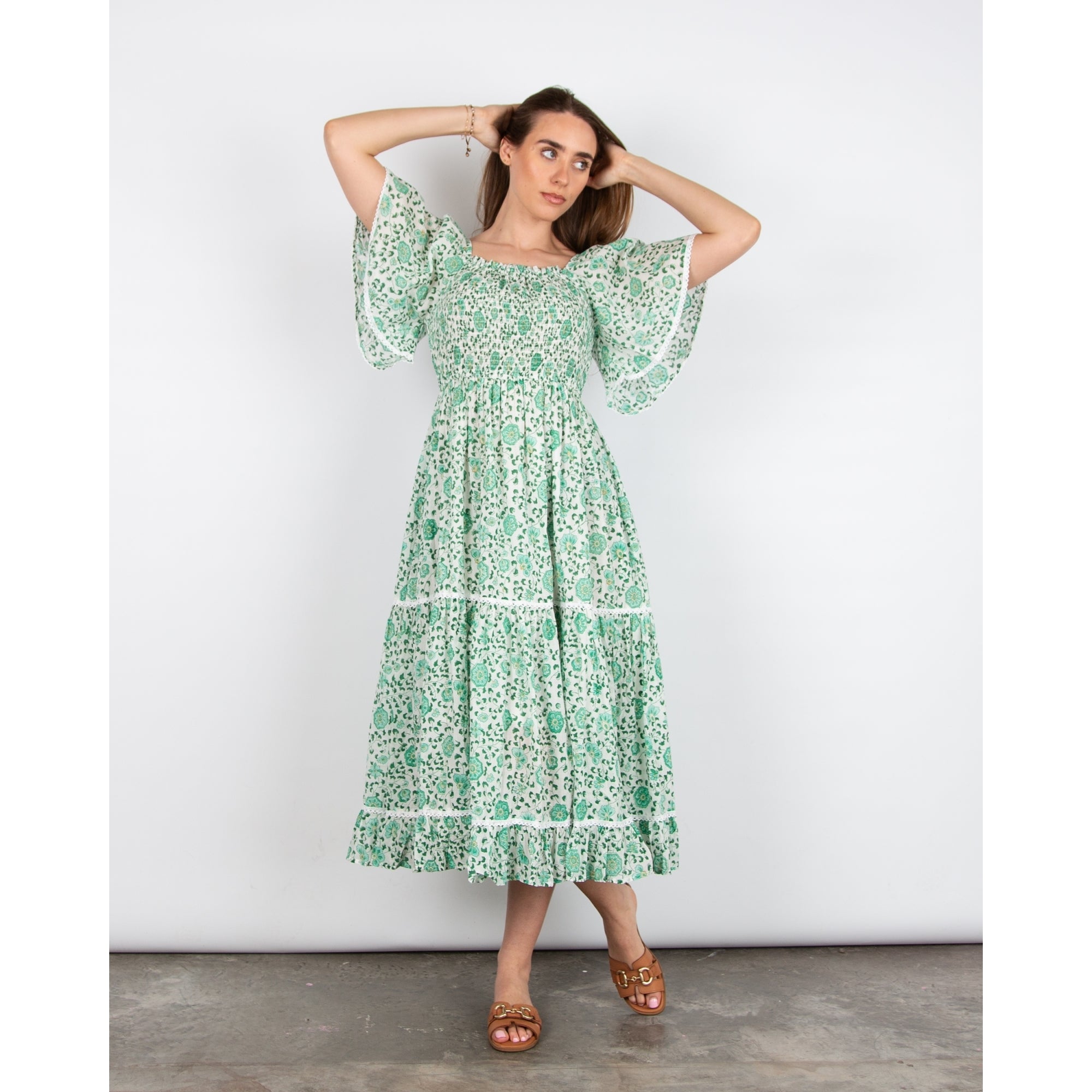 Pink Lemons Mona Lisa Floral Print Smock Chest Bell Sleeve Tiered Dress Green/white