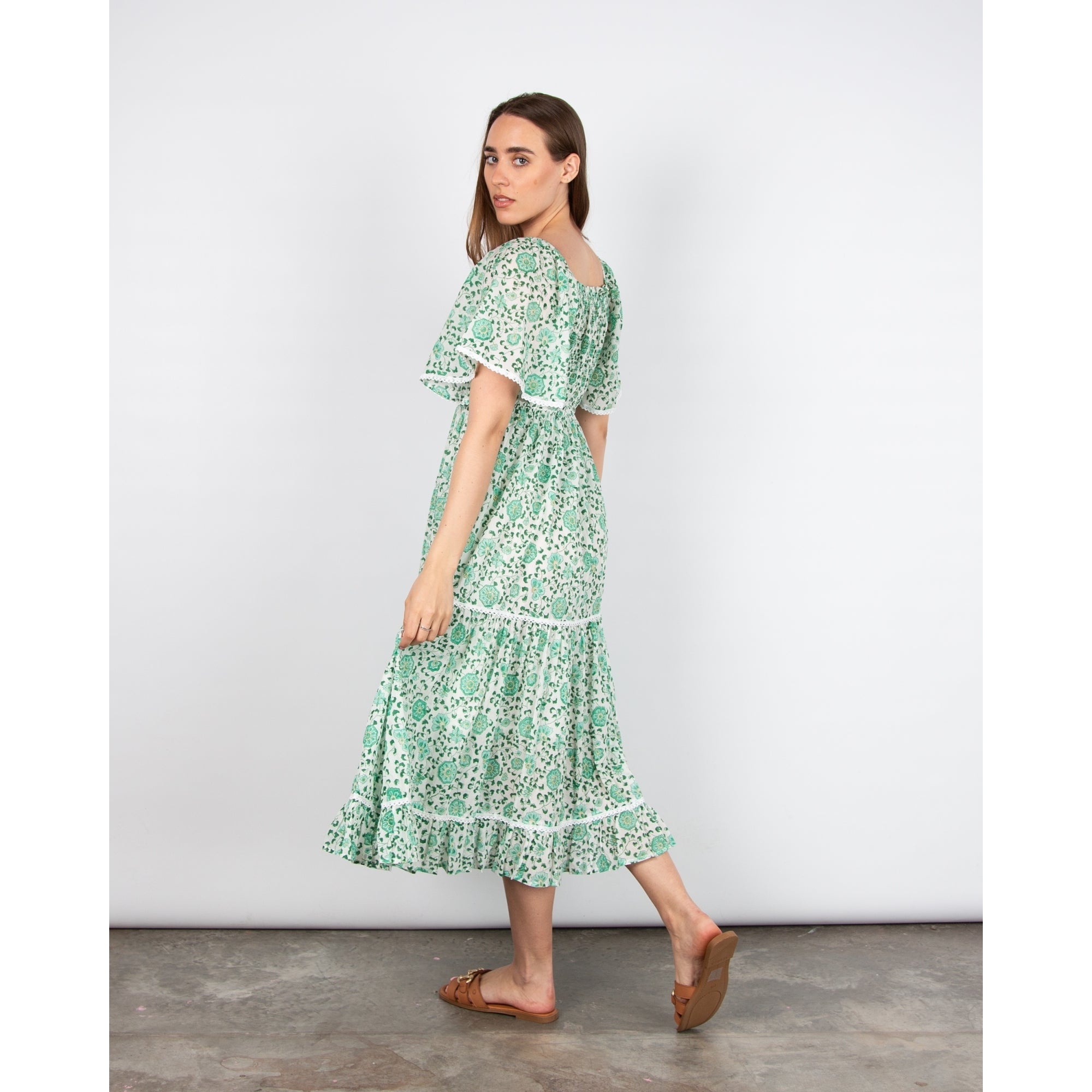 Pink Lemons Mona Lisa Floral Print Smock Chest Bell Sleeve Tiered Dress Green/white