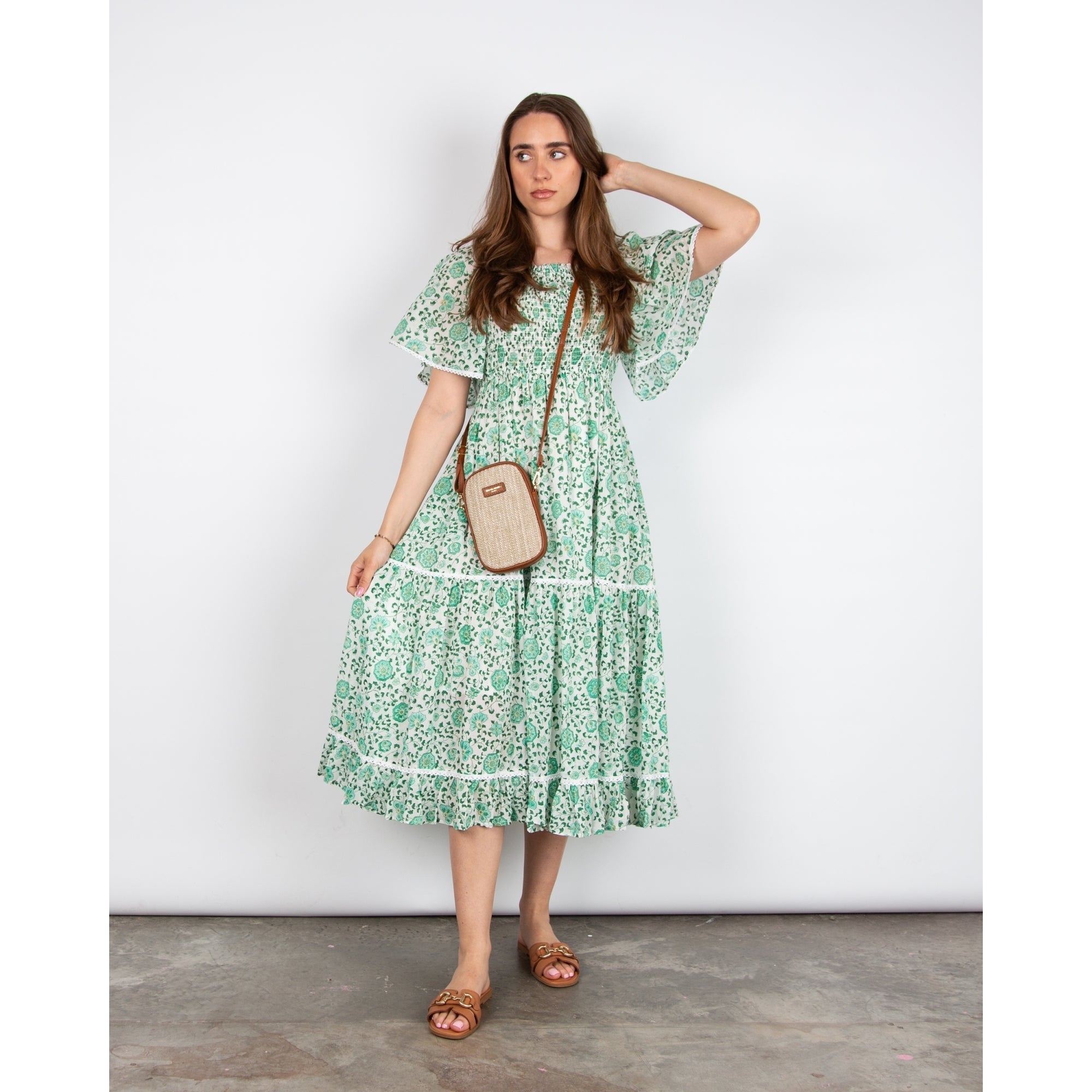 Pink Lemons Mona Lisa Floral Print Smock Chest Bell Sleeve Tiered Dress Green/white