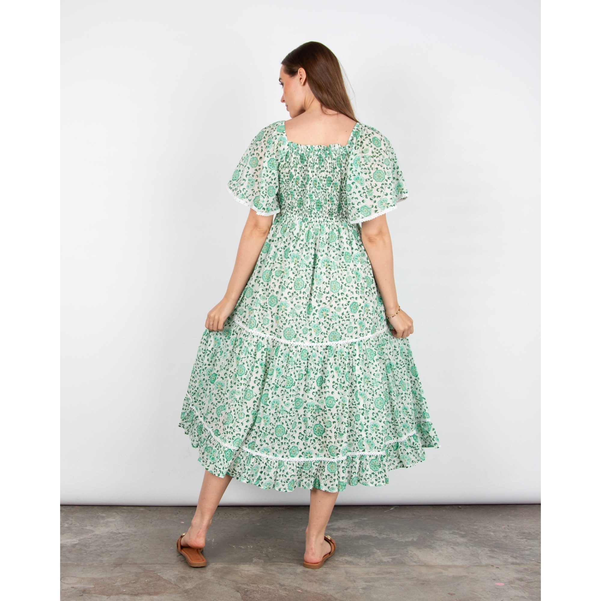 Pink Lemons Mona Lisa Floral Print Smock Chest Bell Sleeve Tiered Dress Green/white