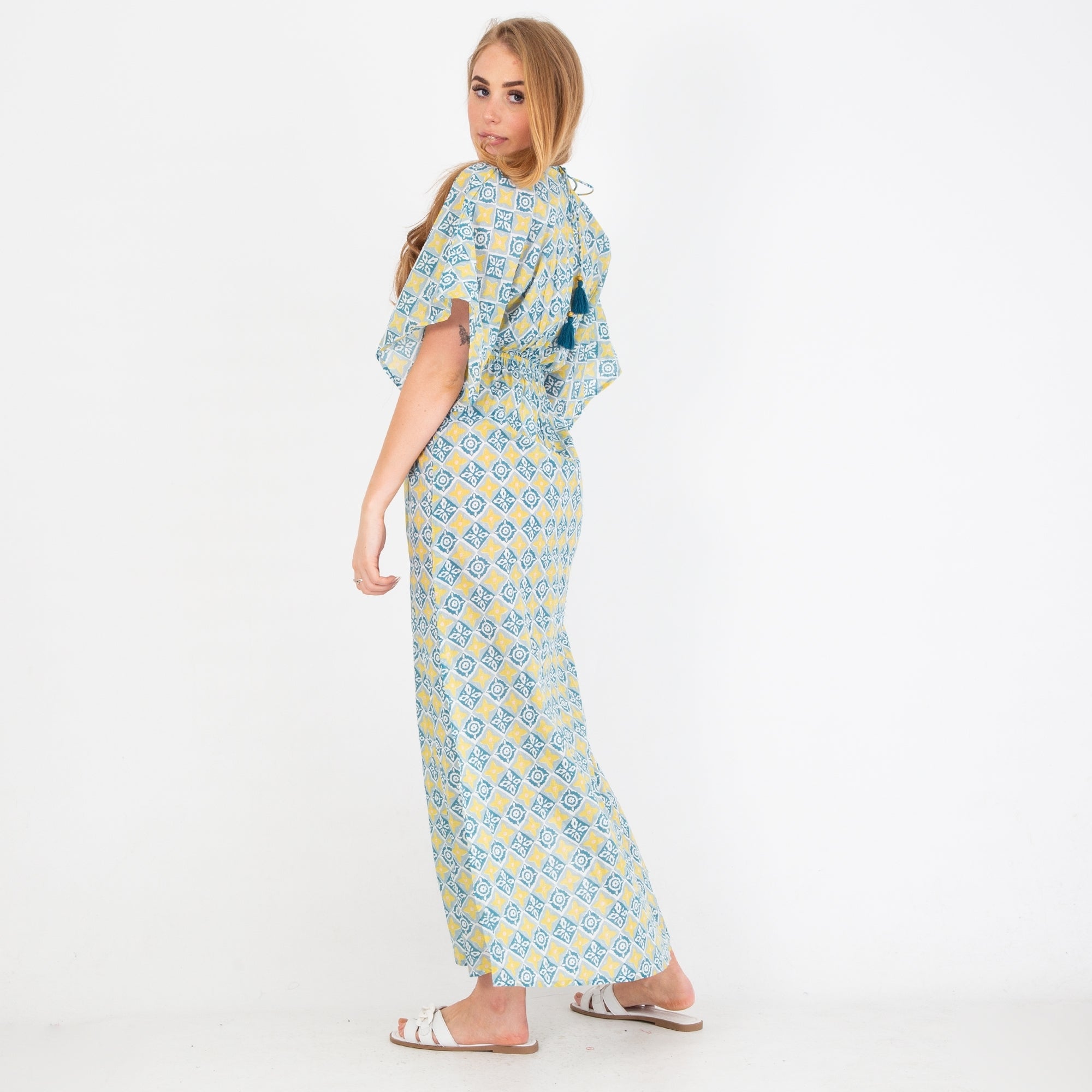 Zen Ethic Lomano V Neck & Back Drawstring Cotton Dress Blue/yellow