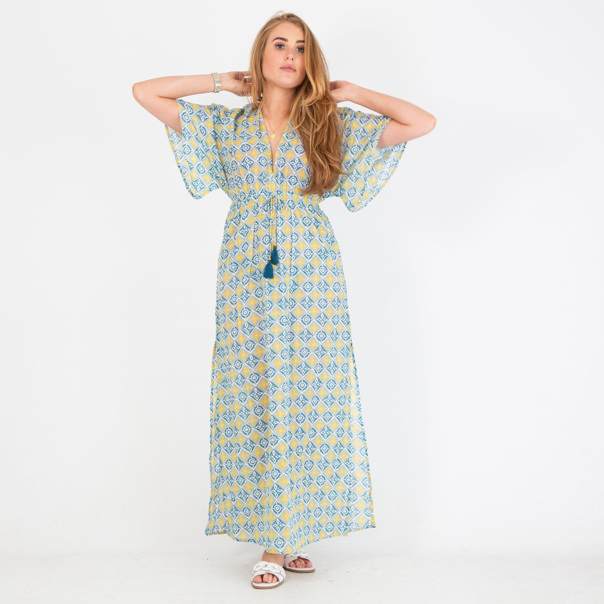 Zen Ethic Lomano V Neck & Back Drawstring Cotton Dress Blue/yellow