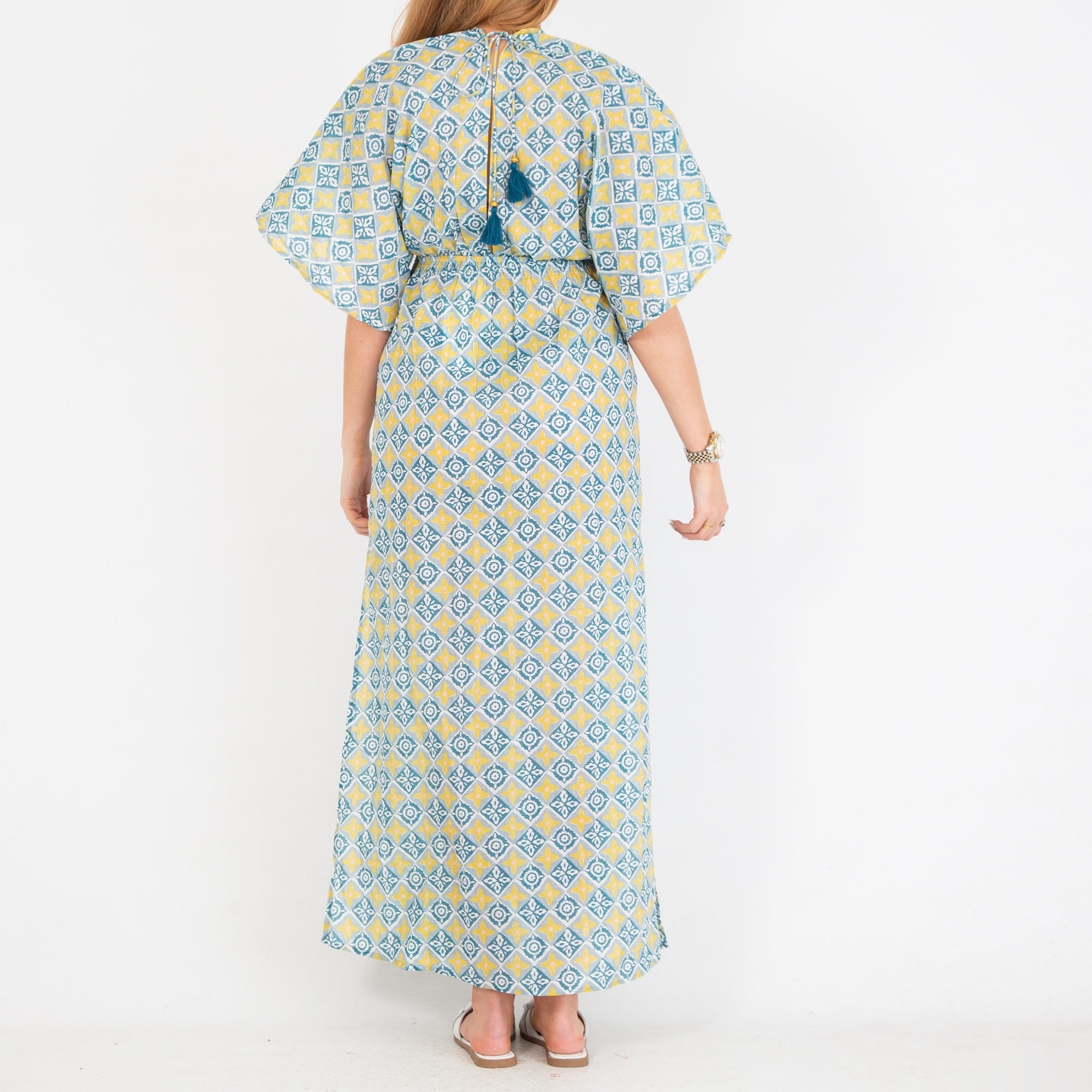 Zen Ethic Lomano V Neck & Back Drawstring Cotton Dress Blue/yellow