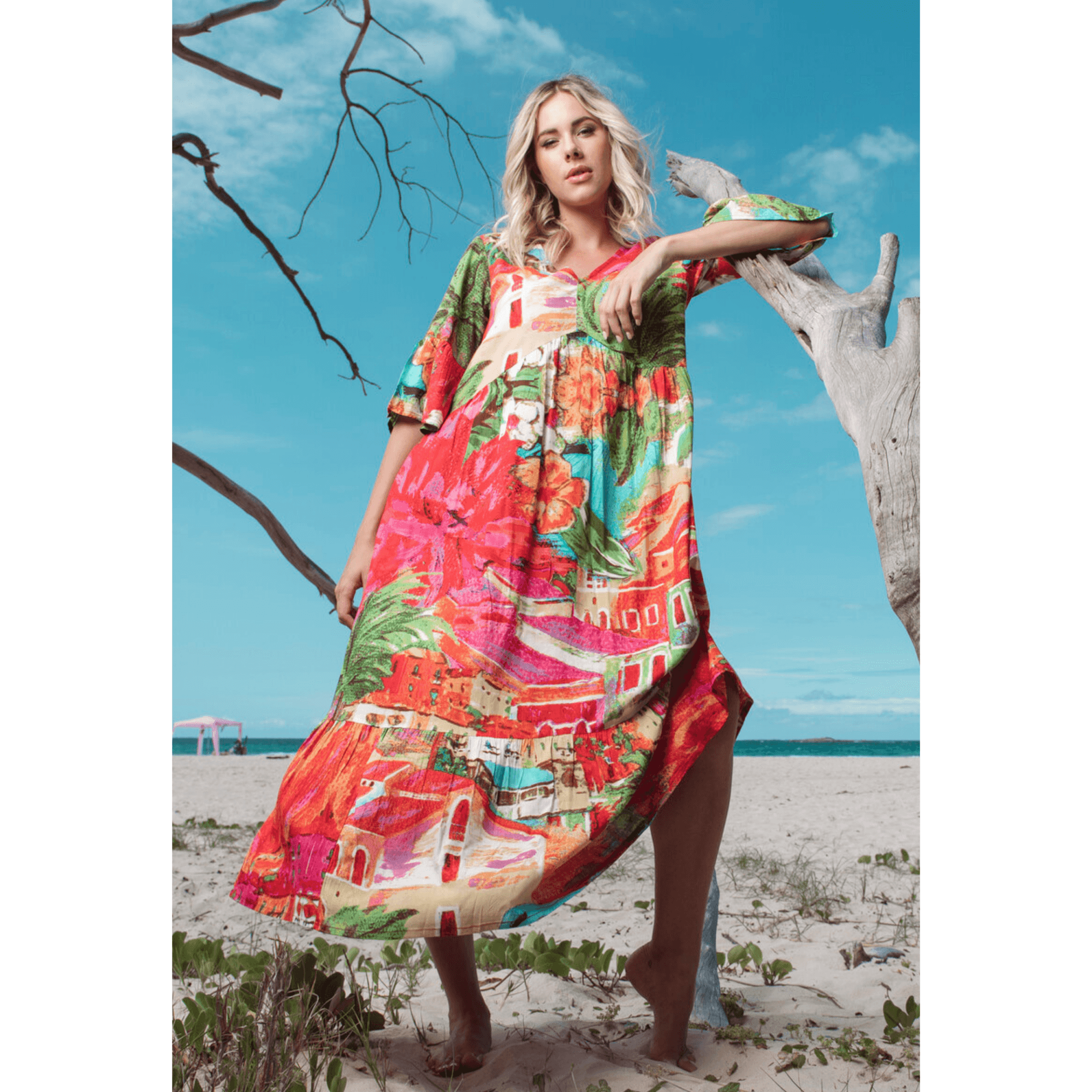 Orientique V Neck Aiya Napa Print Empire Seam Floaty Dress Bright Multi