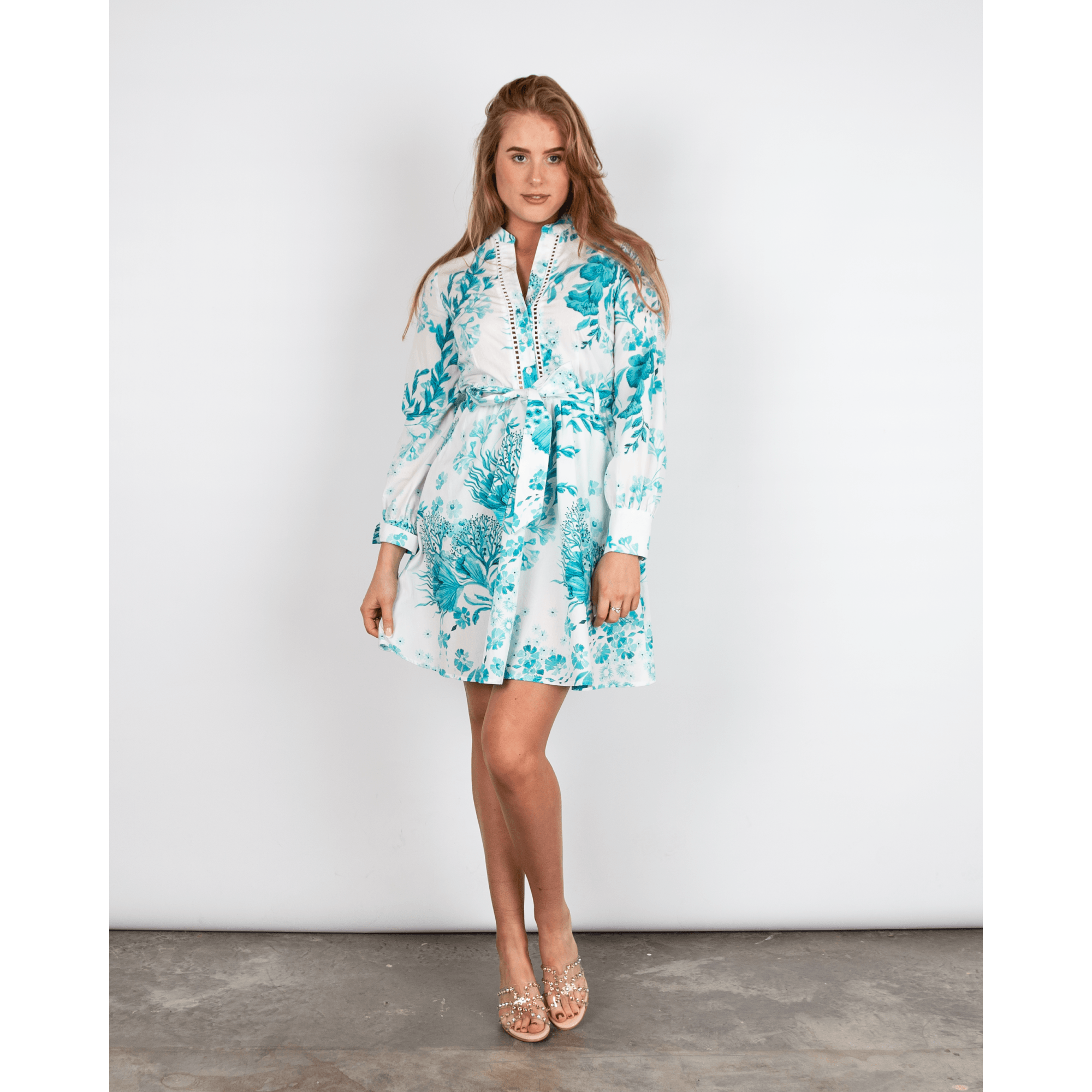 Riani Collarless Reef Print Cutwork Belted Cotton Dress White/turquoise