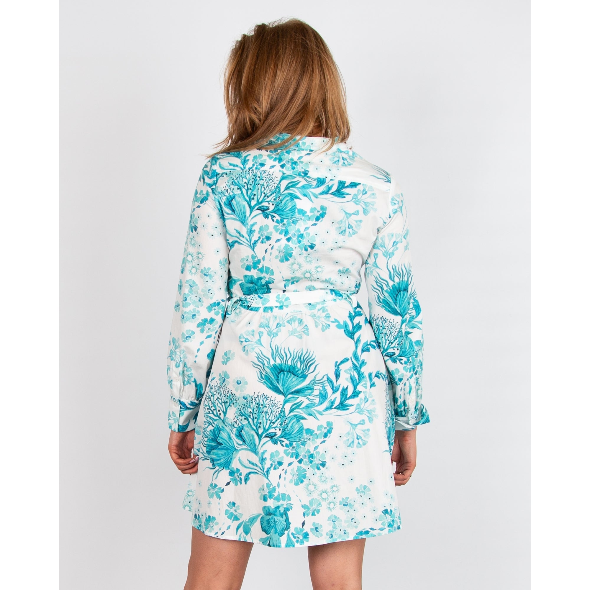 Riani Collarless Reef Print Cutwork Belted Cotton Dress White/turquoise