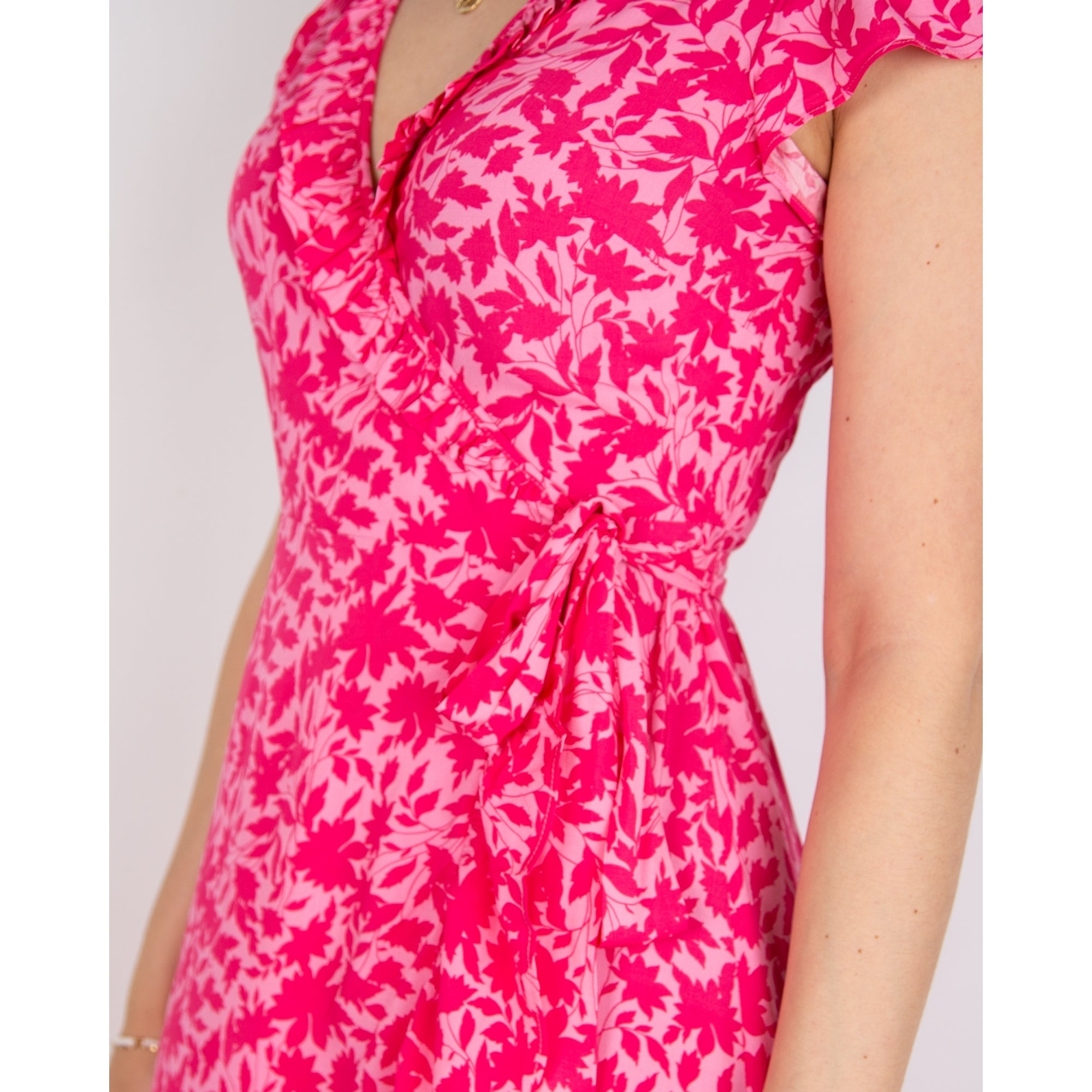 Aspiga Demi Leaf Print Frill Edge Long Wrap Dress Clematis Vines Pink