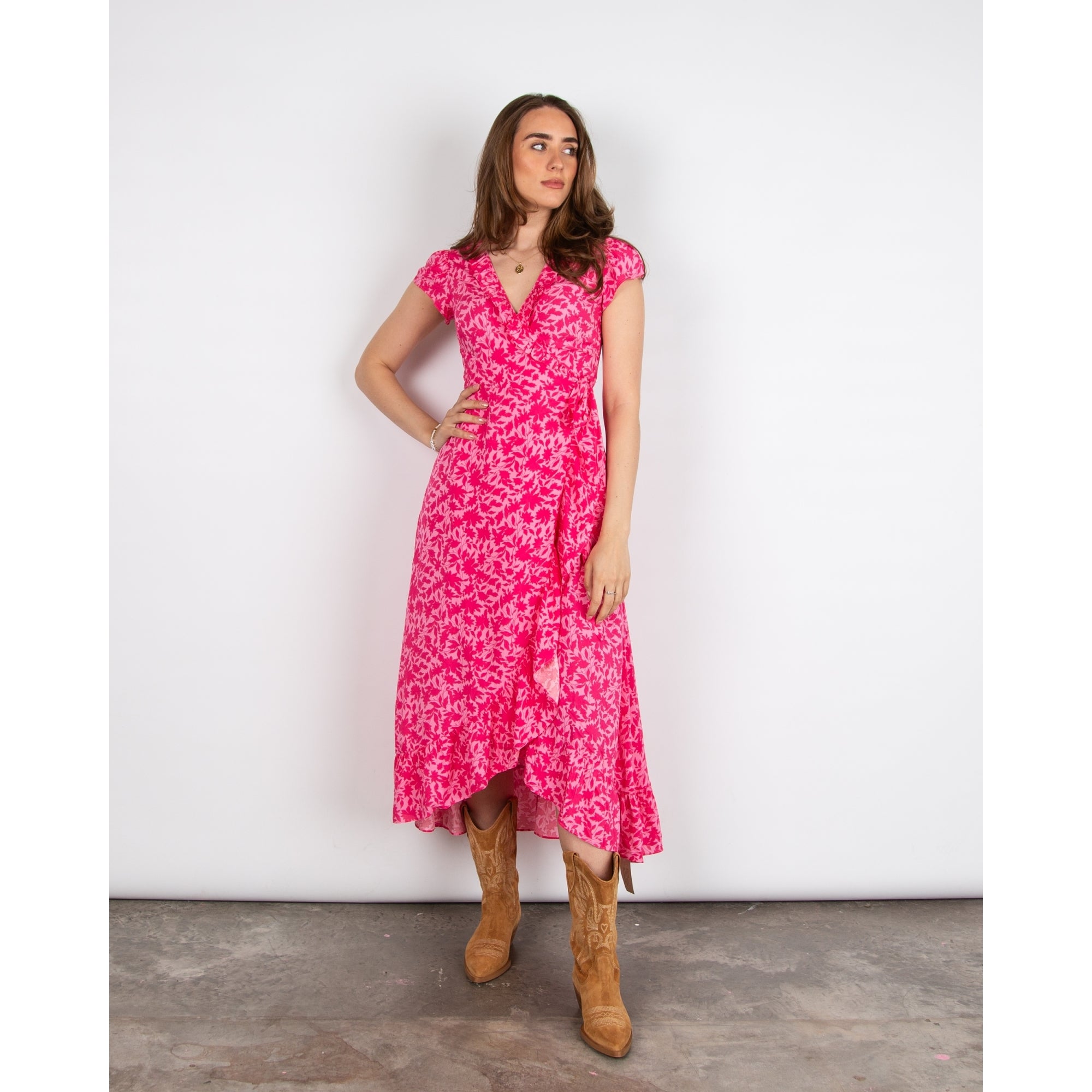 Aspiga Demi Leaf Print Frill Edge Long Wrap Dress Clematis Vines Pink