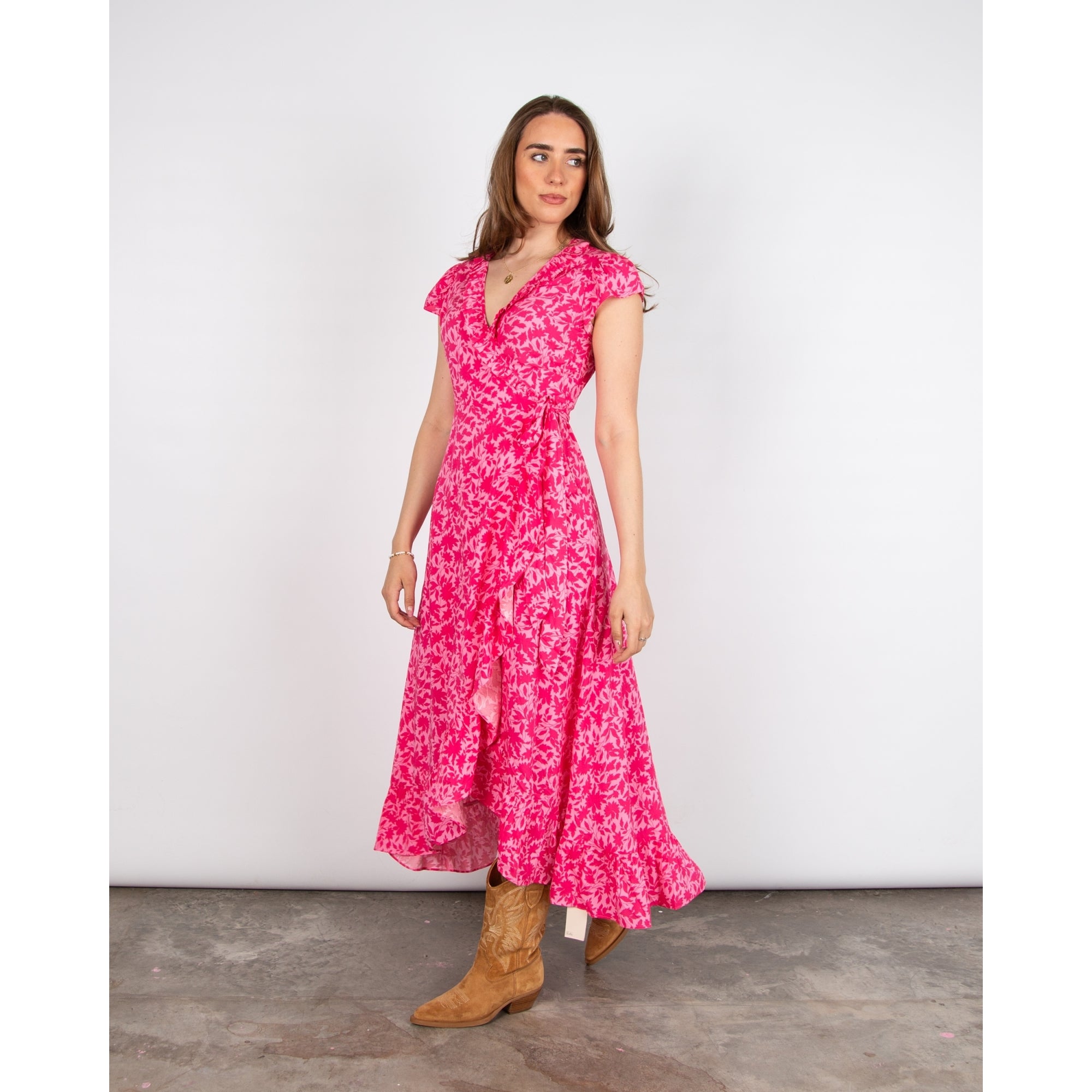Aspiga Demi Leaf Print Frill Edge Long Wrap Dress Clematis Vines Pink