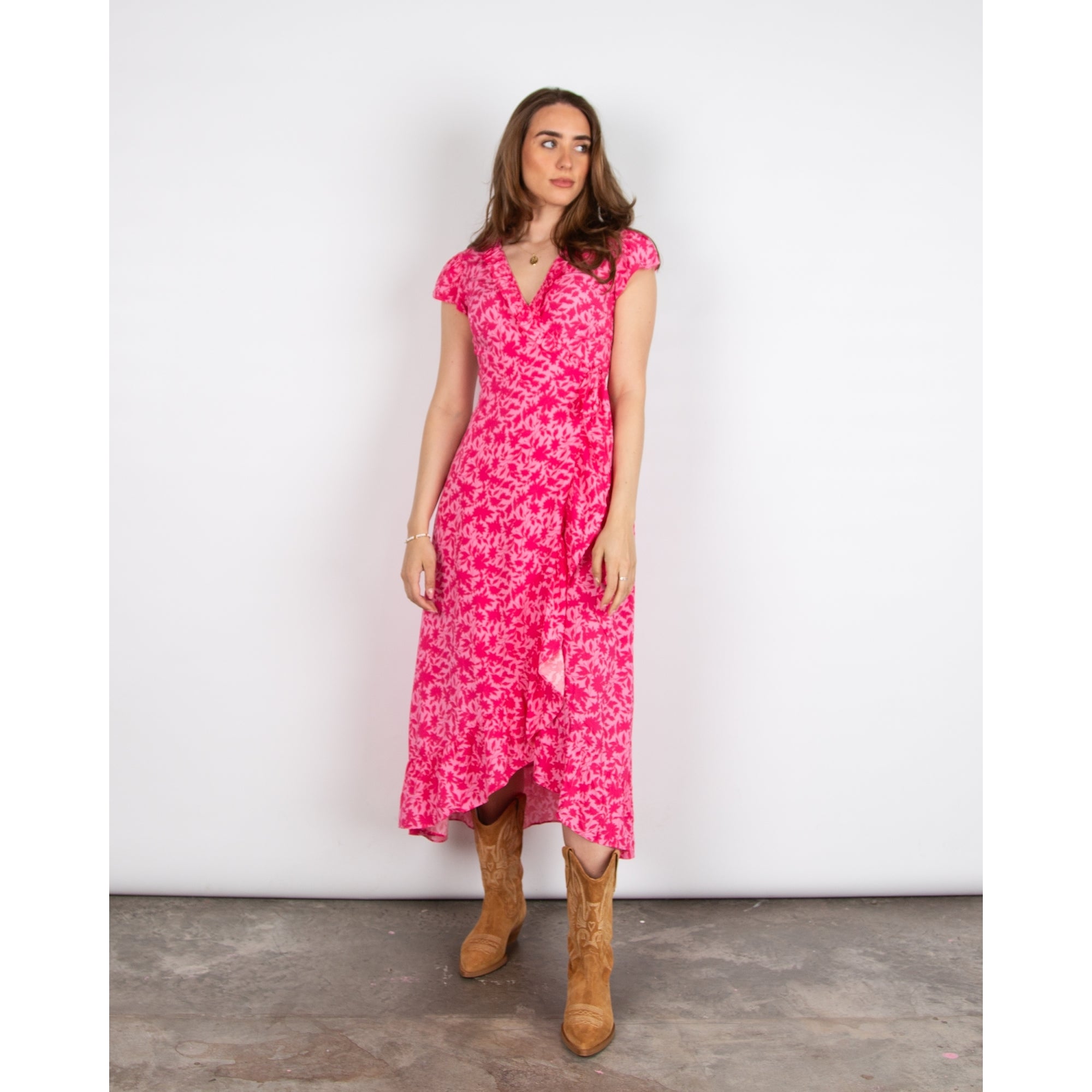 Aspiga Demi Leaf Print Frill Edge Long Wrap Dress Clematis Vines Pink