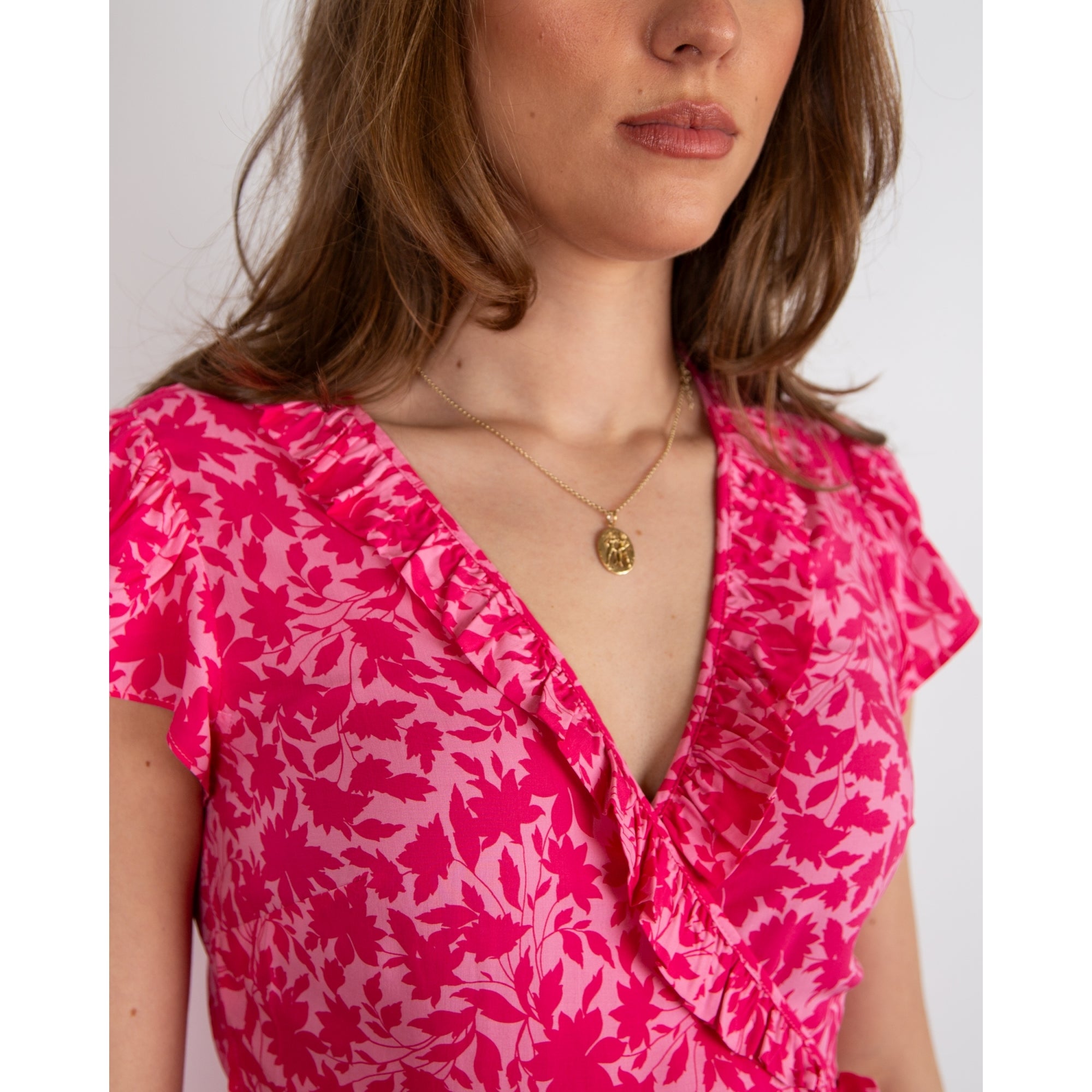 Aspiga Demi Leaf Print Frill Edge Long Wrap Dress Clematis Vines Pink